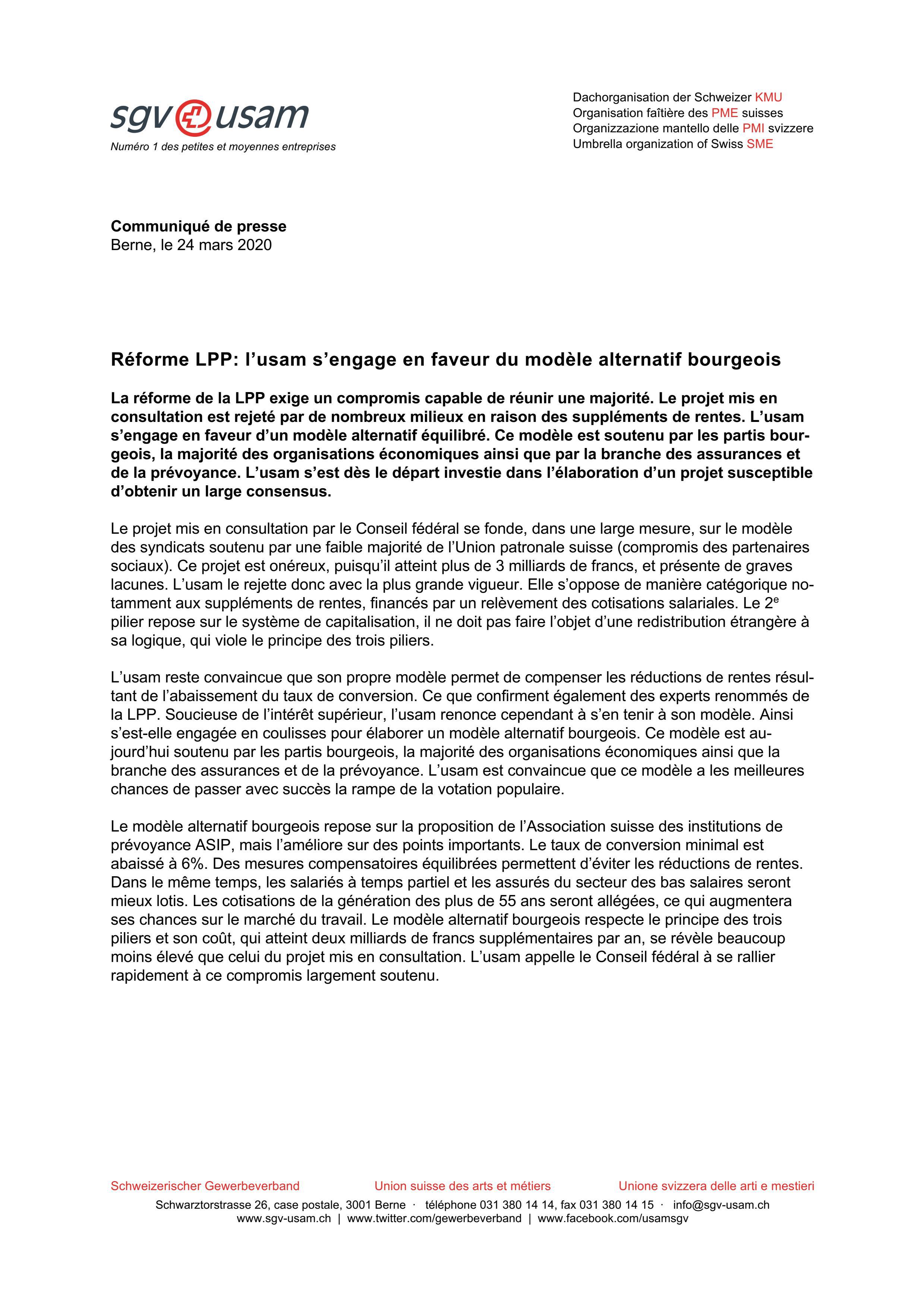 Réforme LPP: l’usam s’engage en faveur du modèle alternatif bourgeois