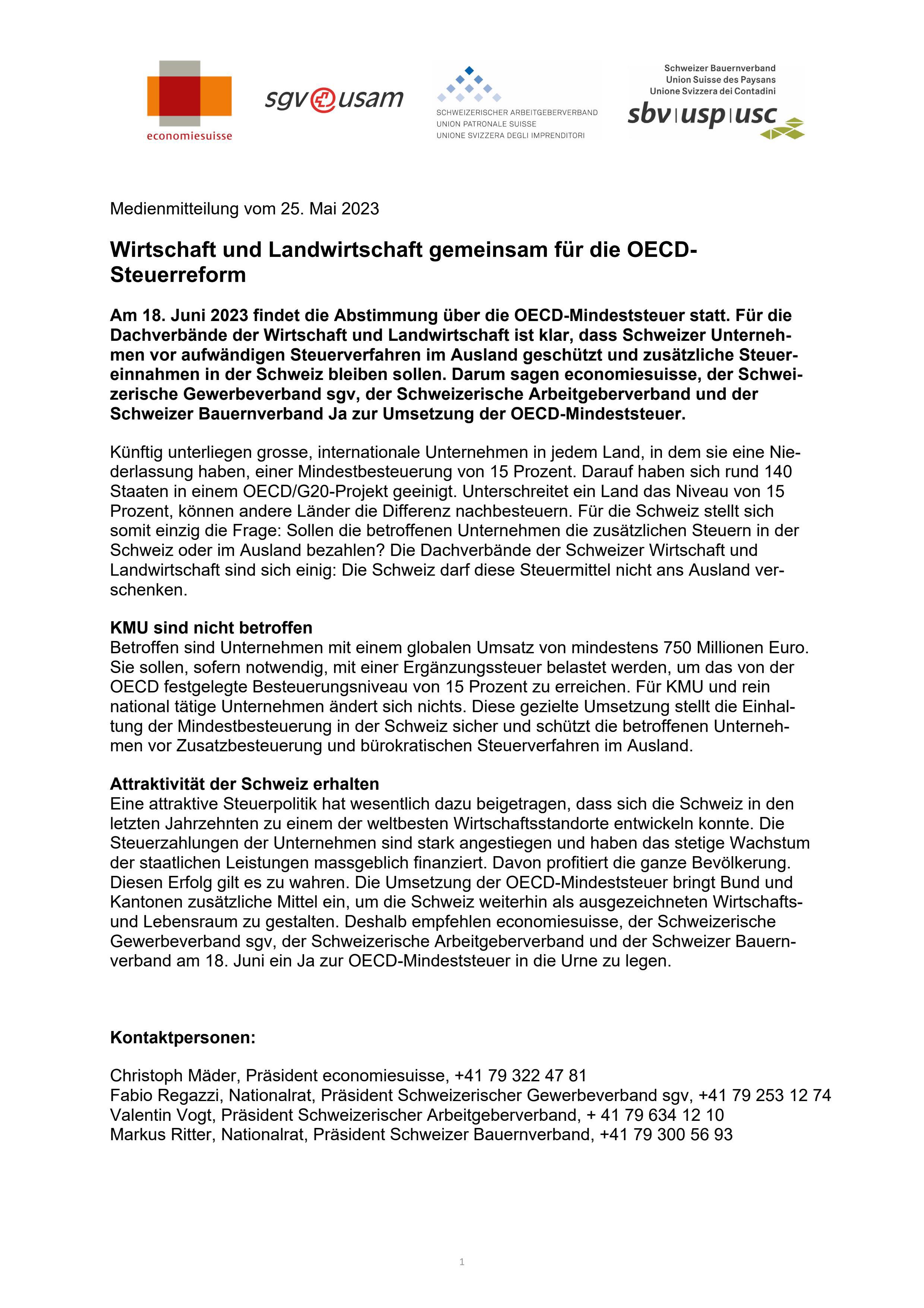Wirtschaft und Landwirtschaft gemeinsam für die OECD-Steuerreform