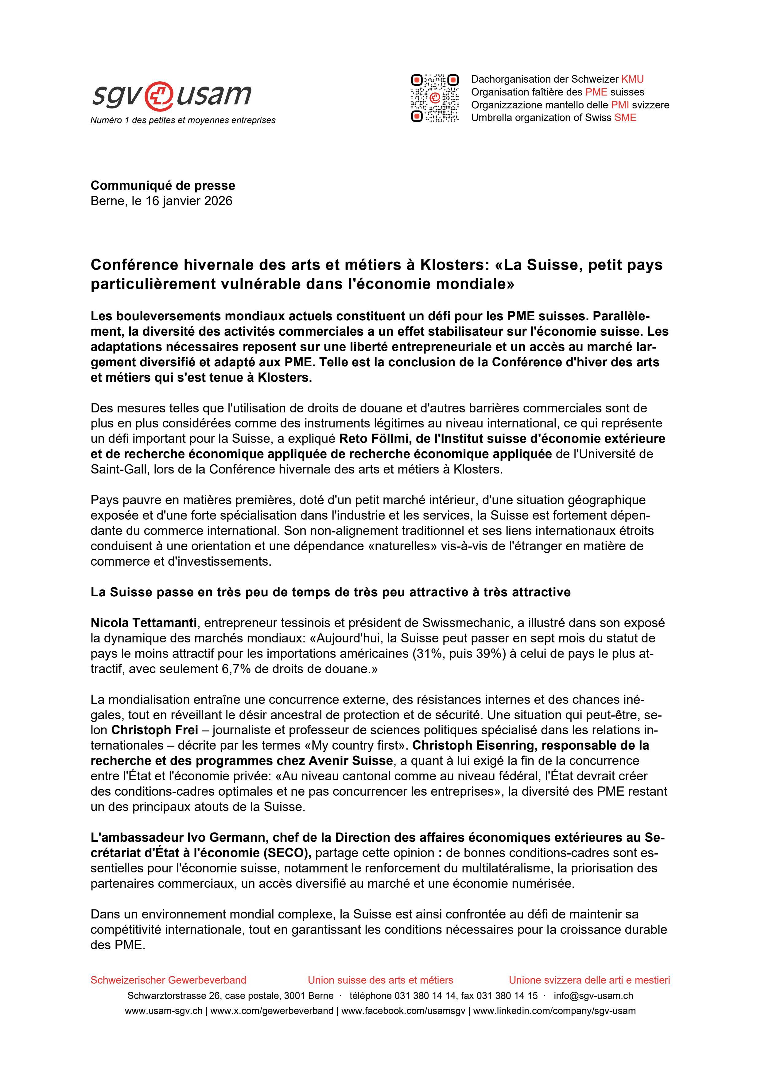 Conférence hivernale des arts et métiers à Klosters: «La Suisse, petit pays particulièrement vulnérable dans l'économie mondiale»