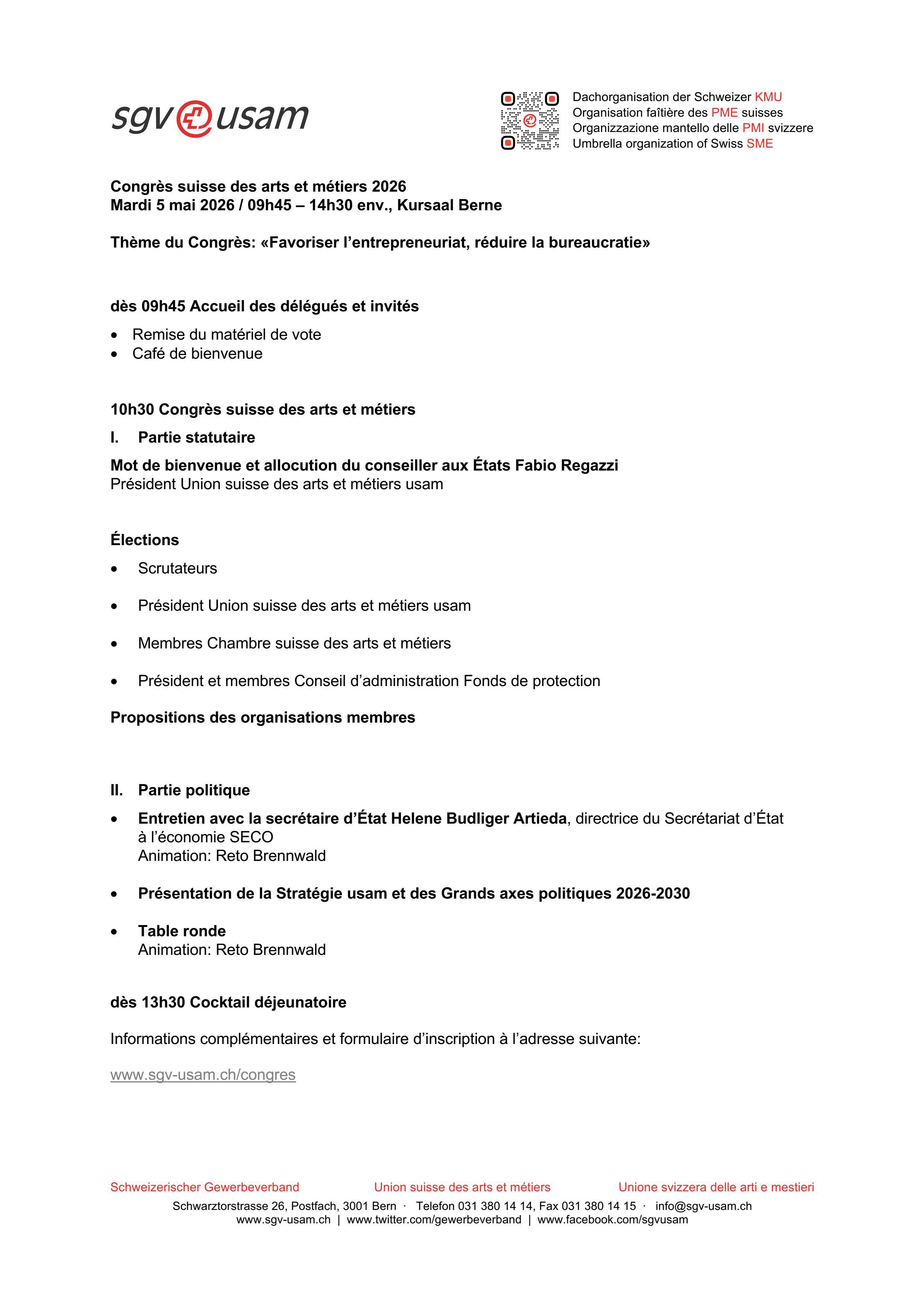  Programme Congrès suisse des arts et métiers 2026