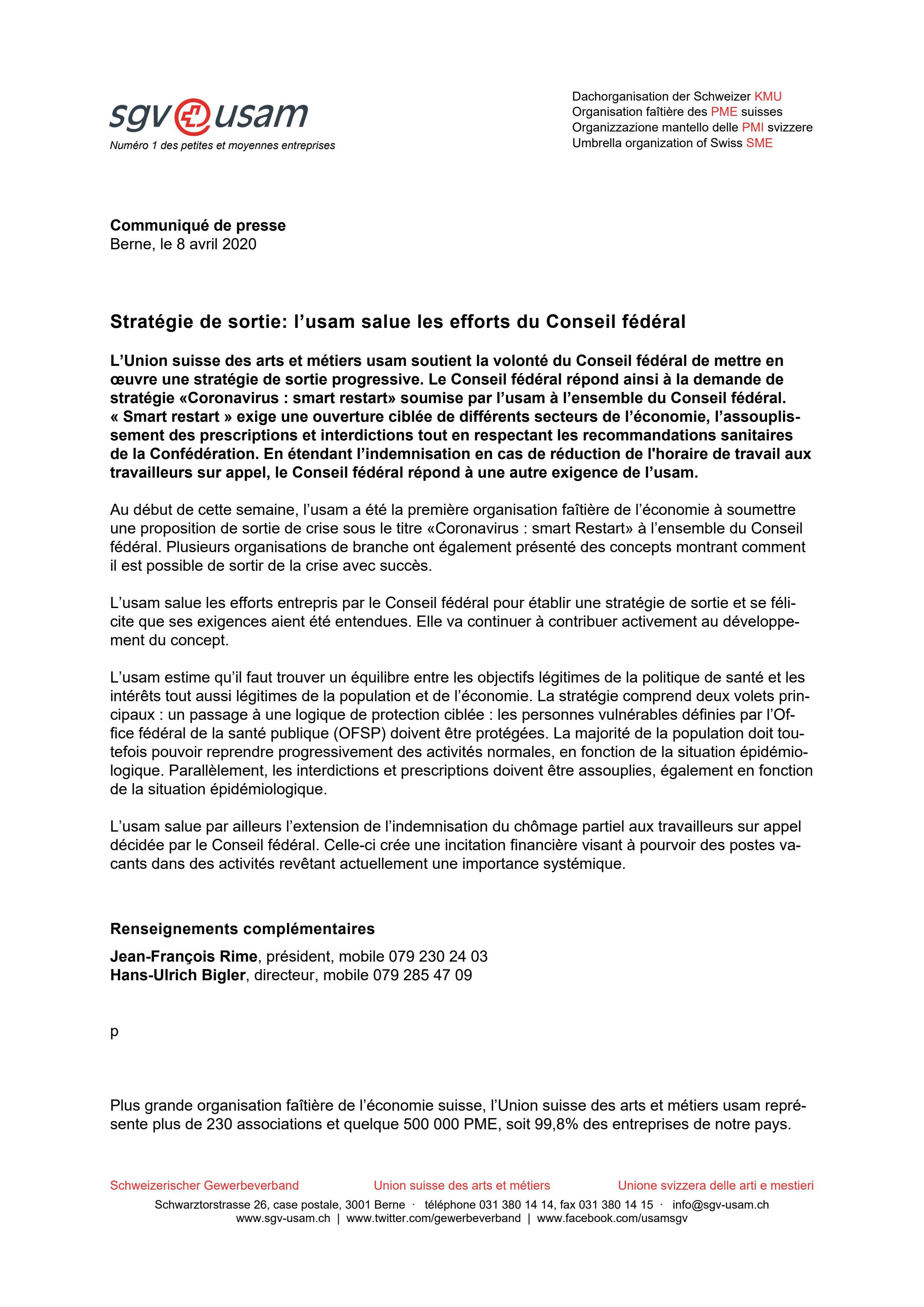 Stratégie de sortie: l’usam salue les efforts du Conseil fédéral