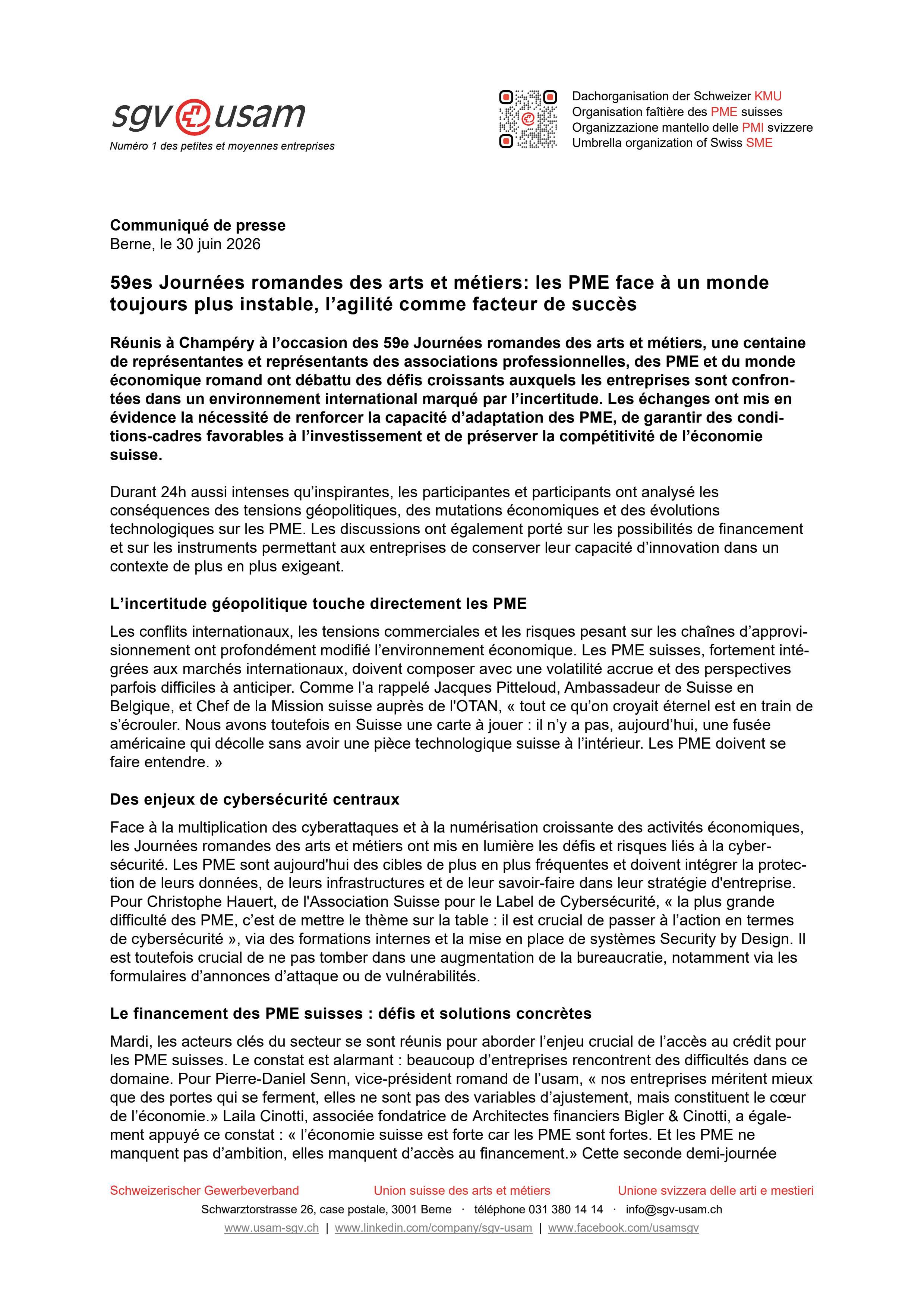 59es Journées romandes des arts et métiers: les PME face à un monde toujours plus instable, l’agilité comme facteur de succès