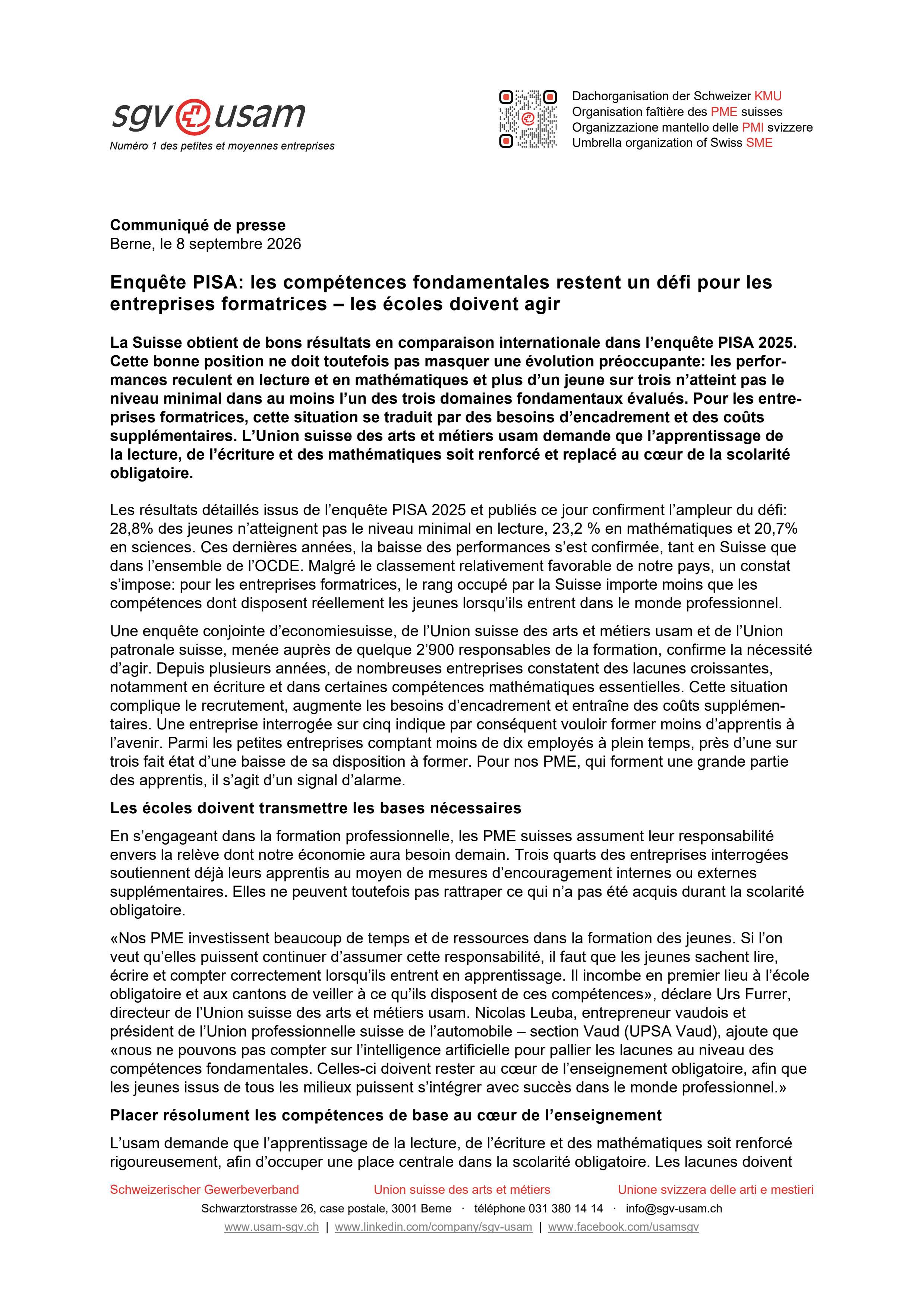 Enquête PISA: les compétences fondamentales restent un défi pour les entreprises formatrices – les écoles doivent agir