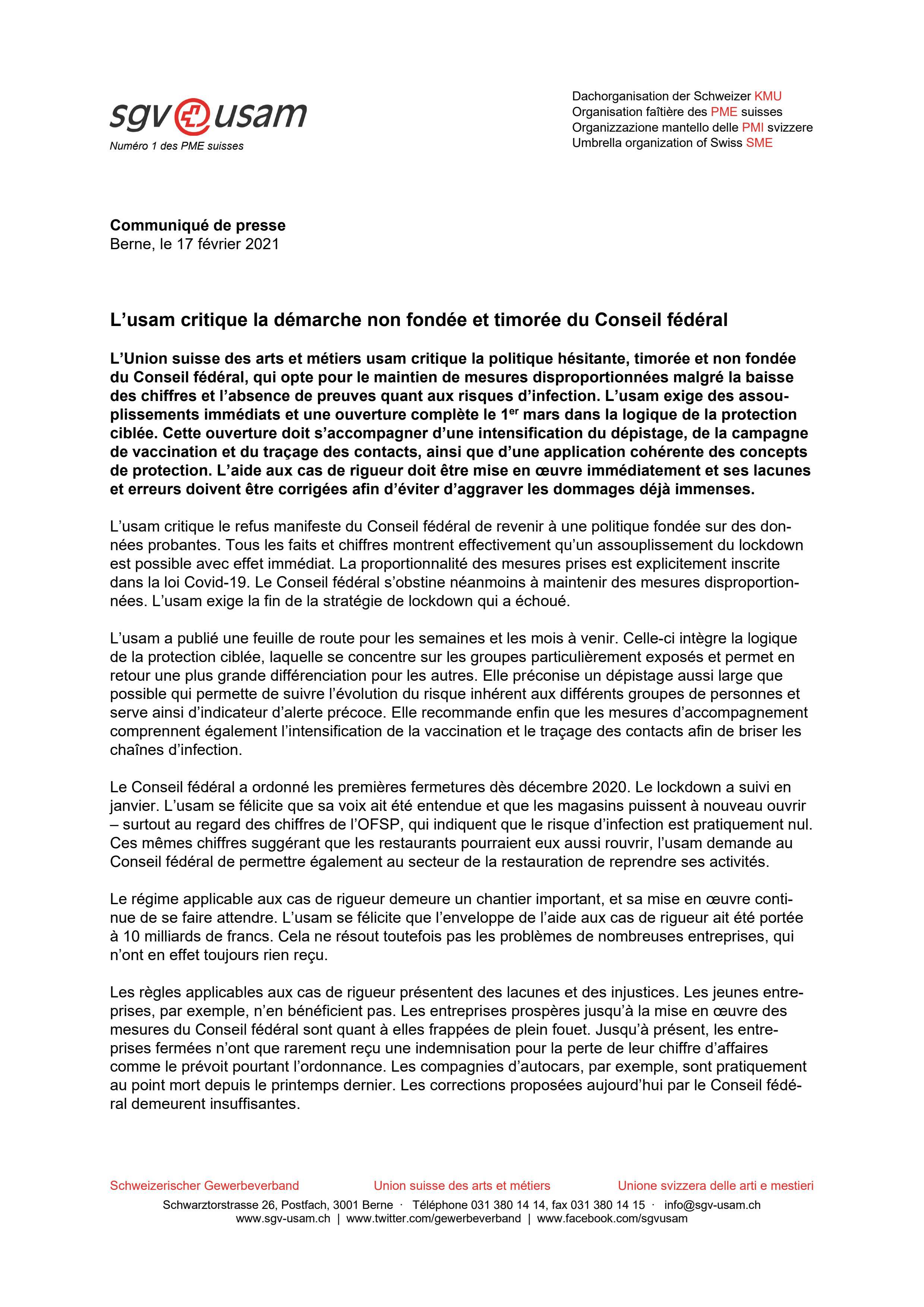 L’usam critique la démarche non fondée et timorée du Conseil fédéral