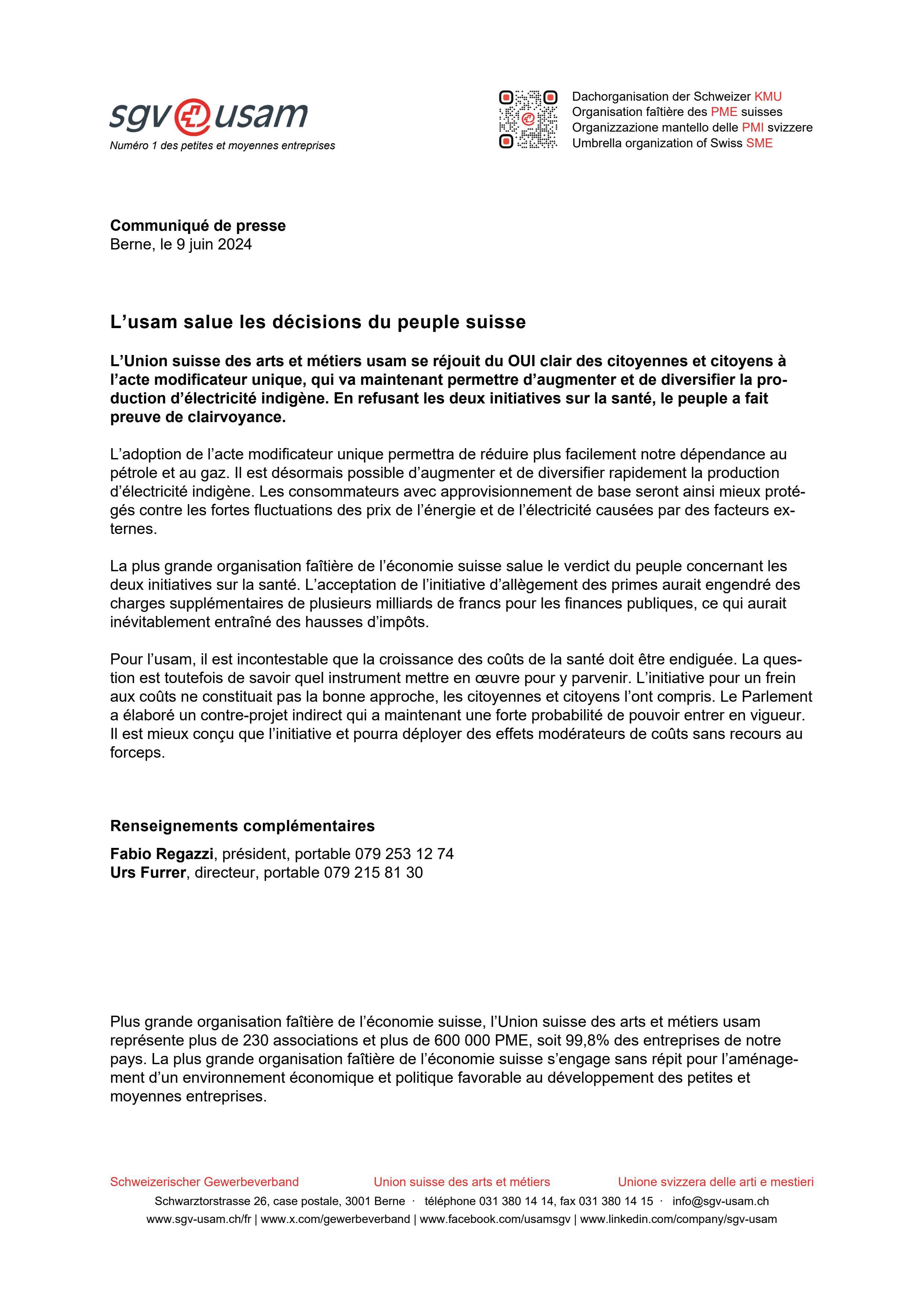 L’usam salue les décisions du peuple suisse