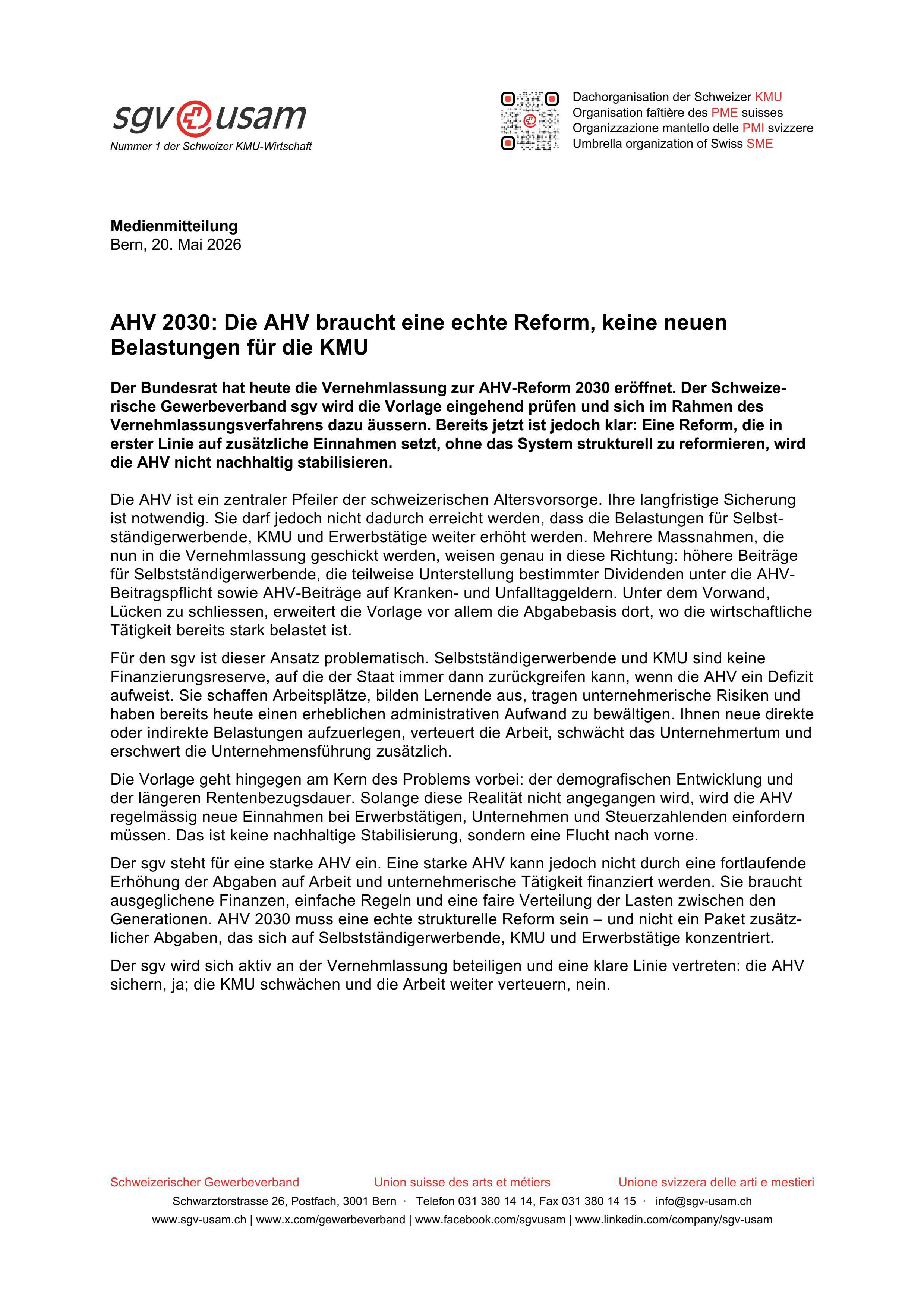 AHV 2030: Die AHV braucht eine echte Reform, keine neuen Belastungen für die KMU