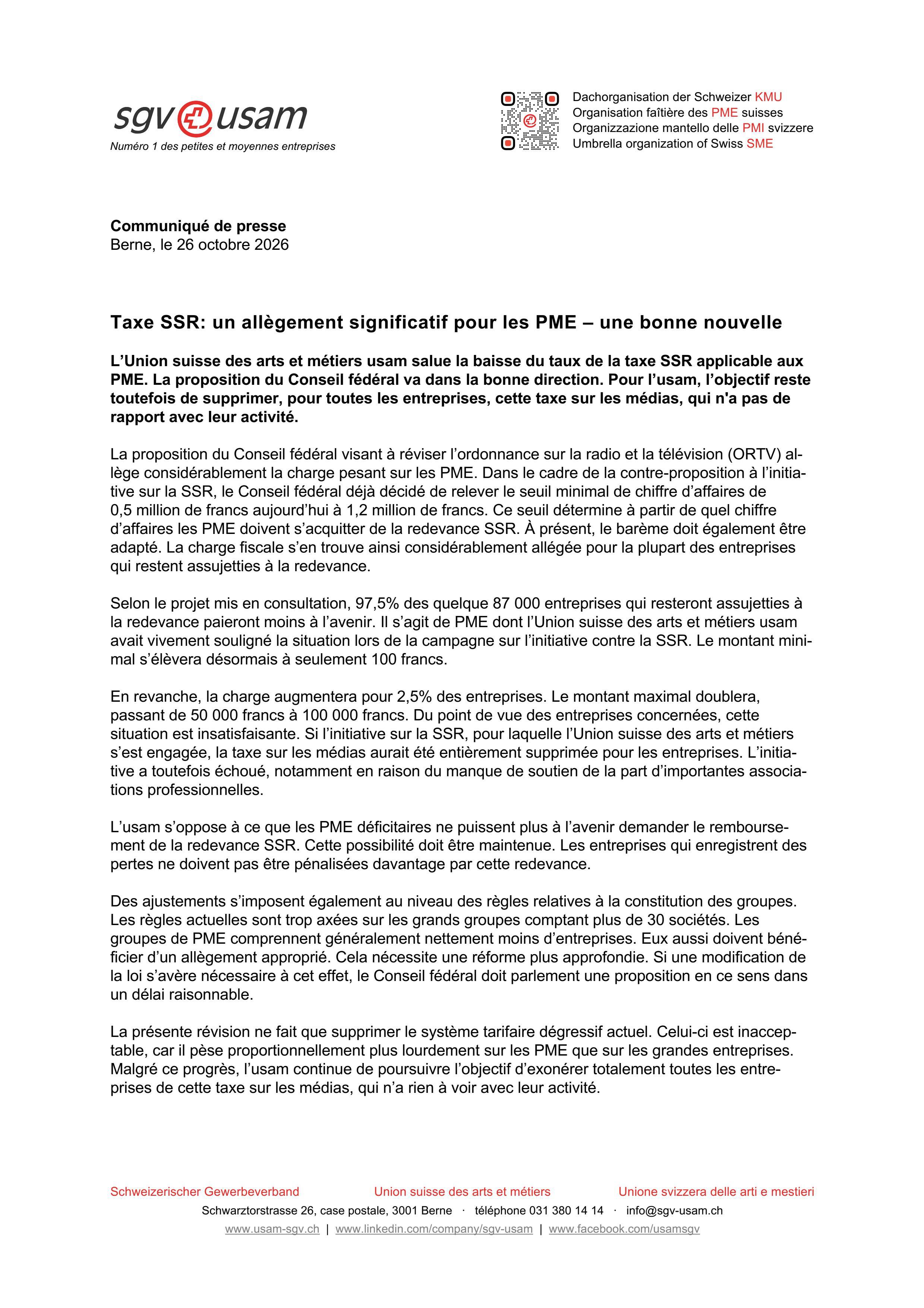Taxe SSR: un allègement significatif pour les PME – une bonne nouvelle