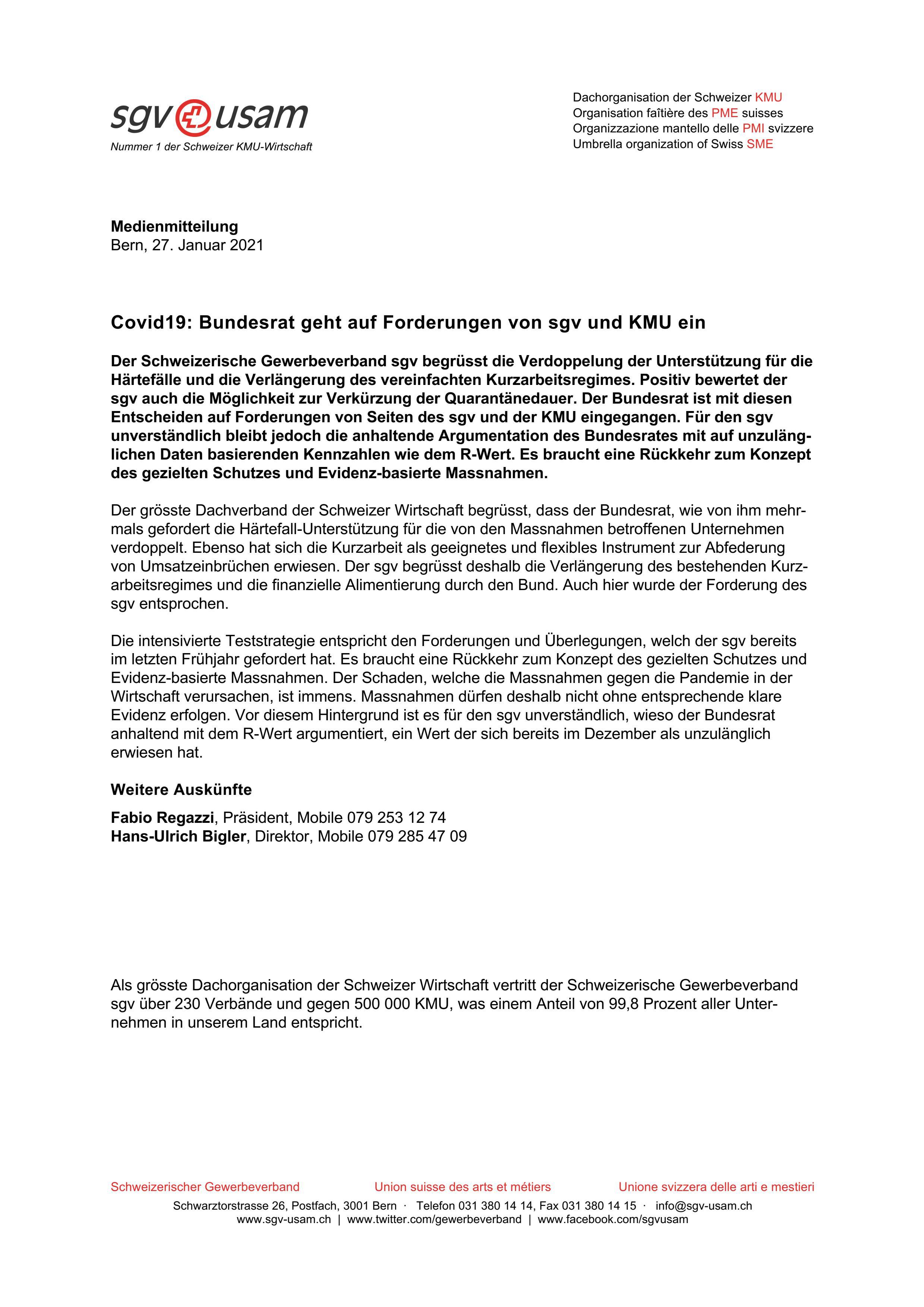 Covid19: Bundesrat geht auf Forderungen von sgv und KMU ein