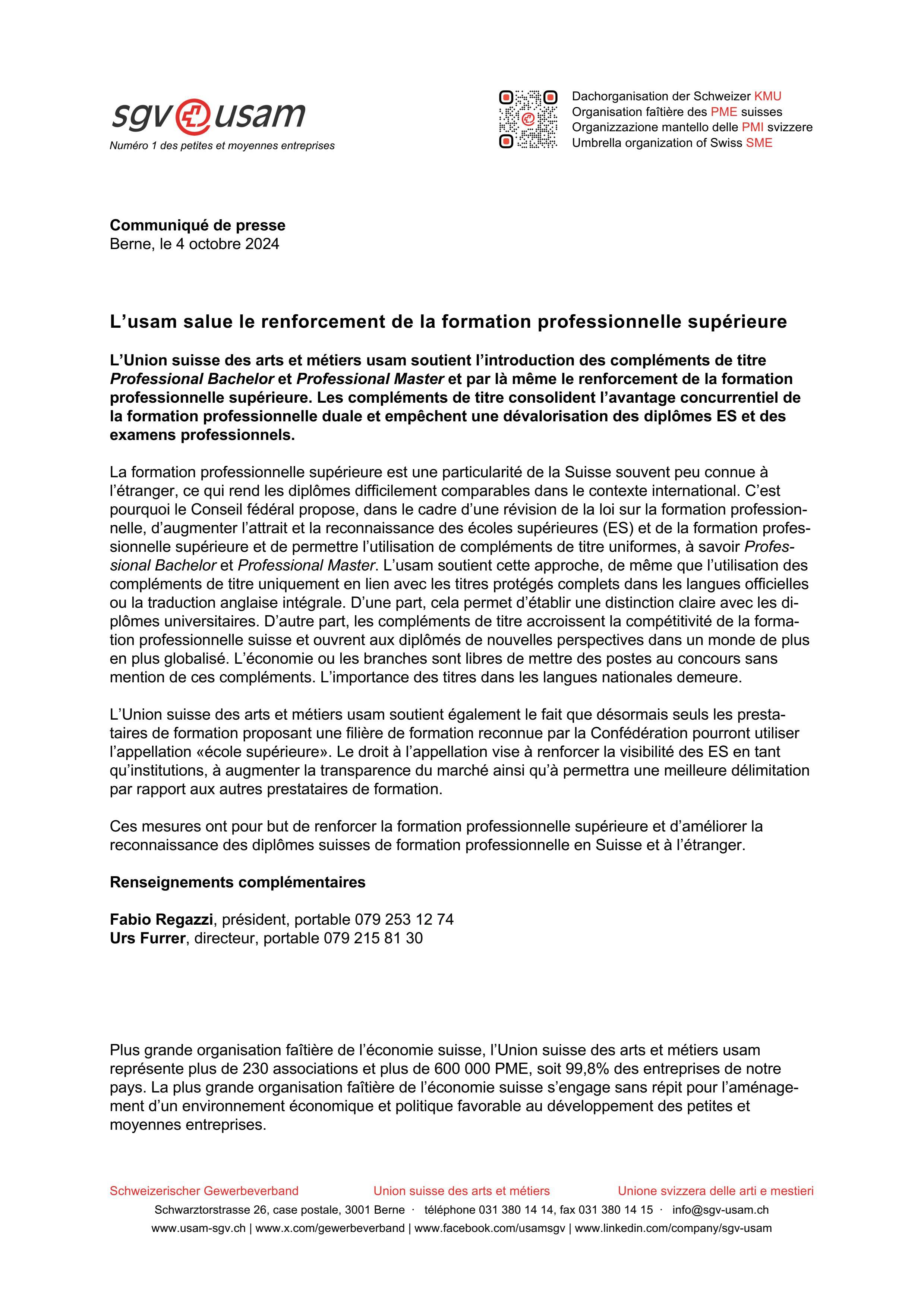 L’usam salue le renforcement de la formation professionnelle supérieure