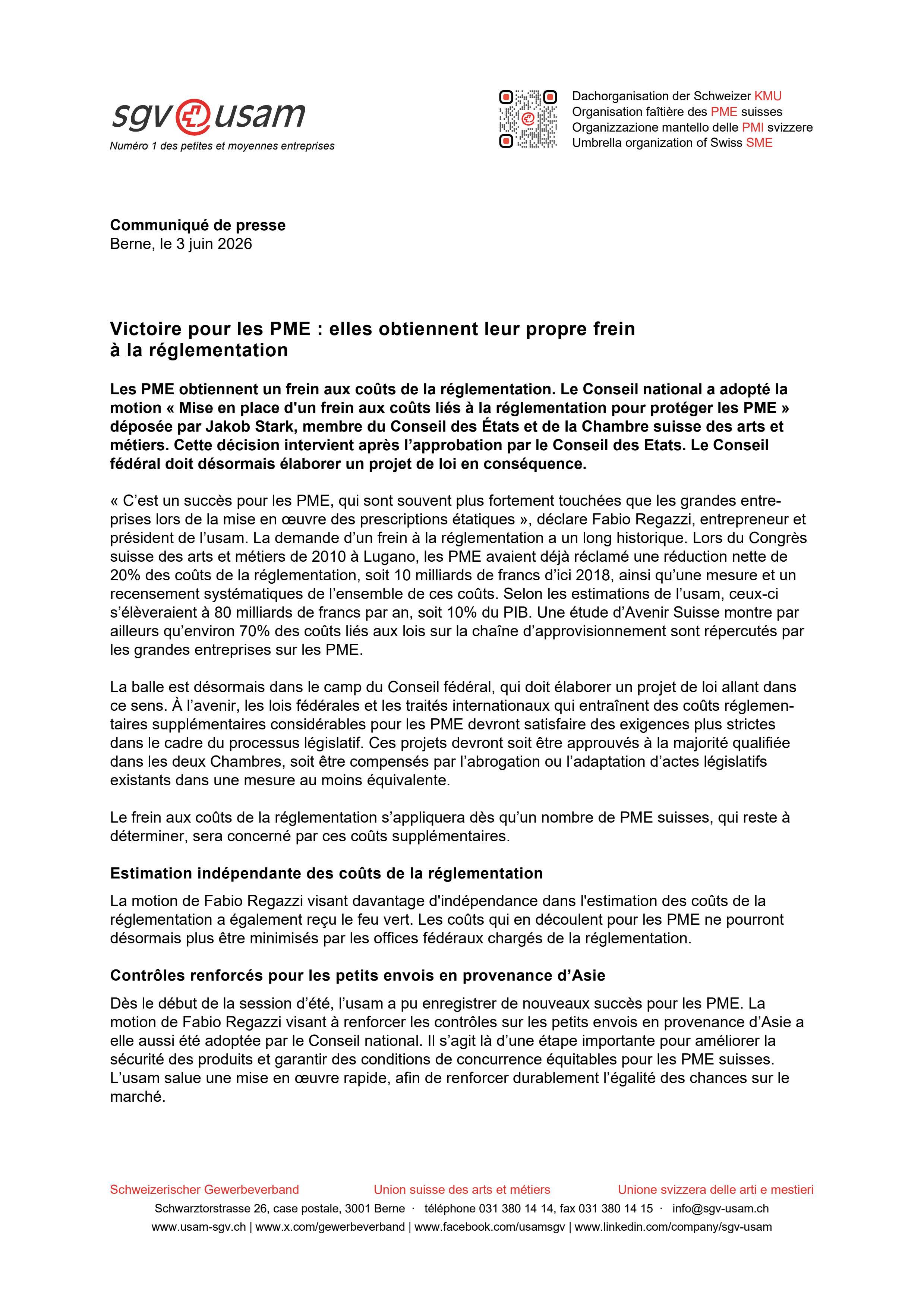Victoire pour les PME : elles obtiennent leur propre frein à la réglementation