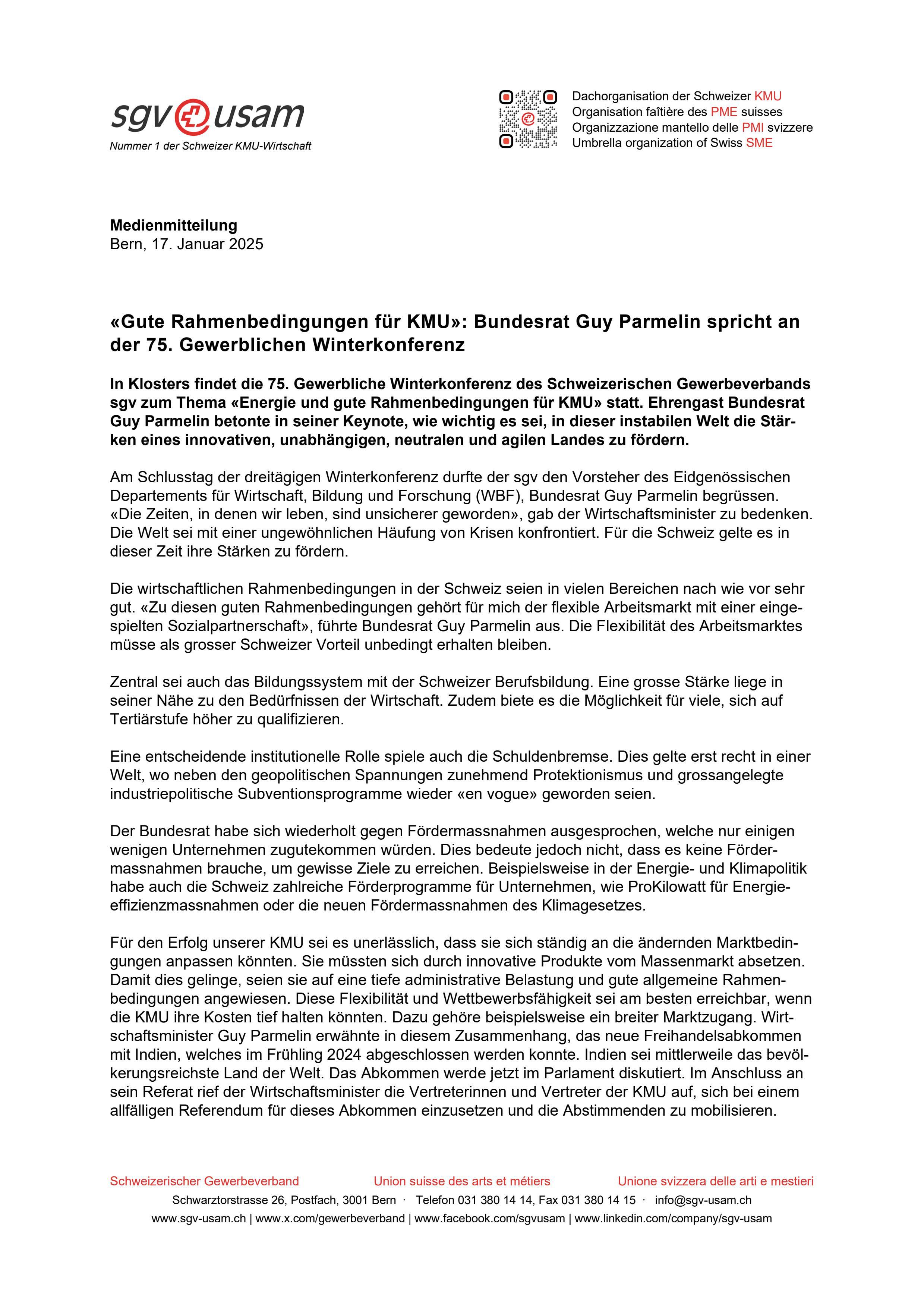 «Gute Rahmenbedingungen für KMU»: Bundesrat Guy Parmelin spricht an der 75. Gewerblichen Winterkonferenz
