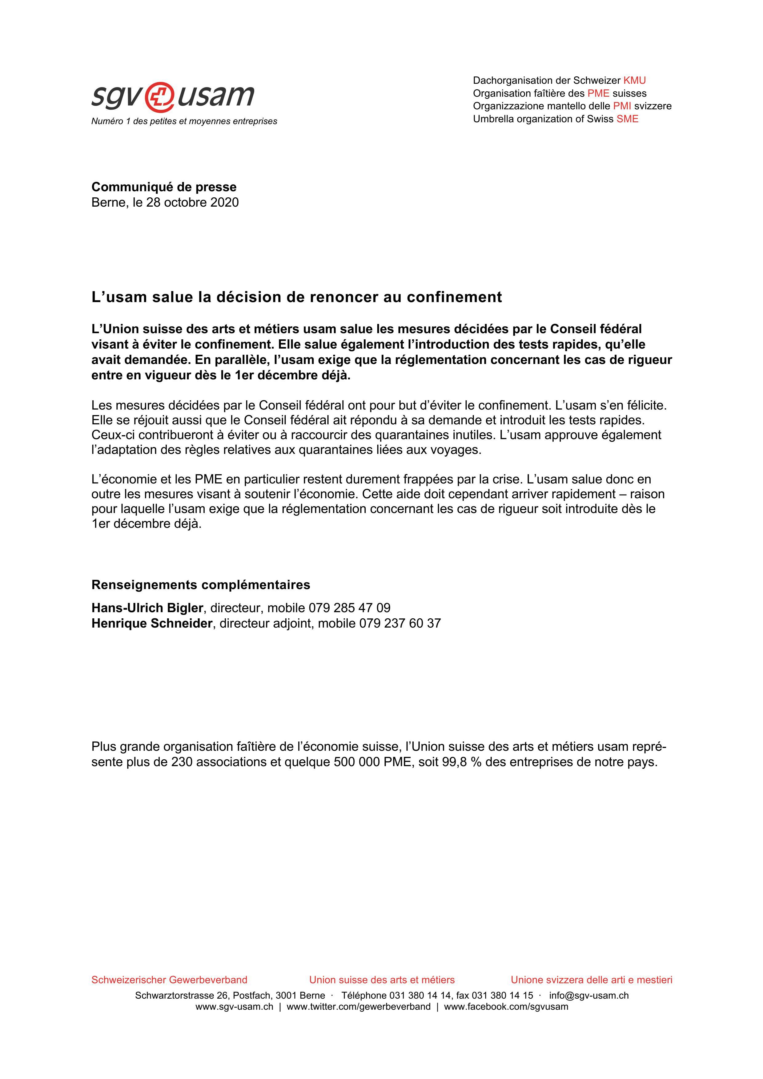 L’usam salue la décision de renoncer au confinement