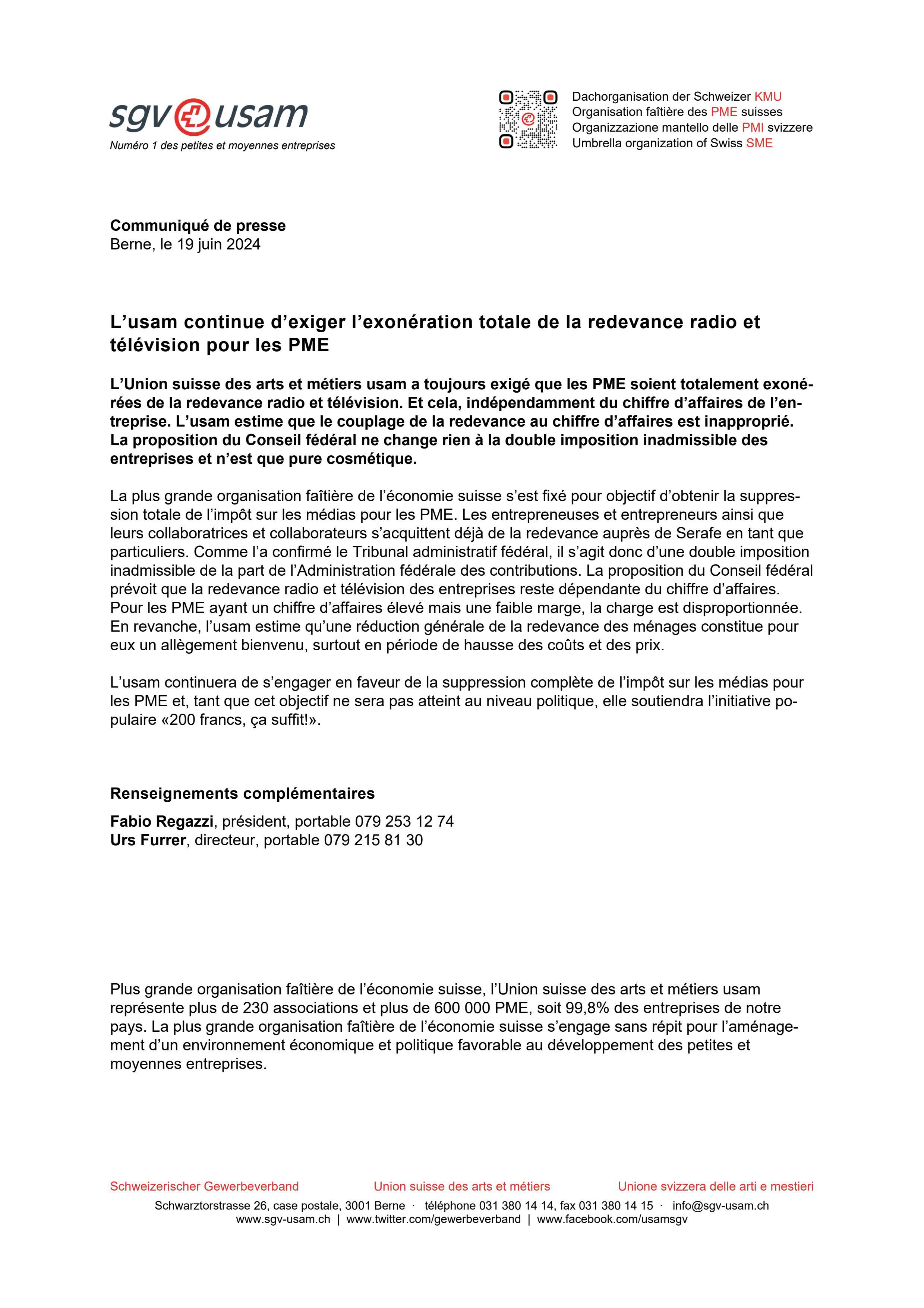 L’usam continue d’exiger l’exonération totale de la redevance radio et télévision pour les PME