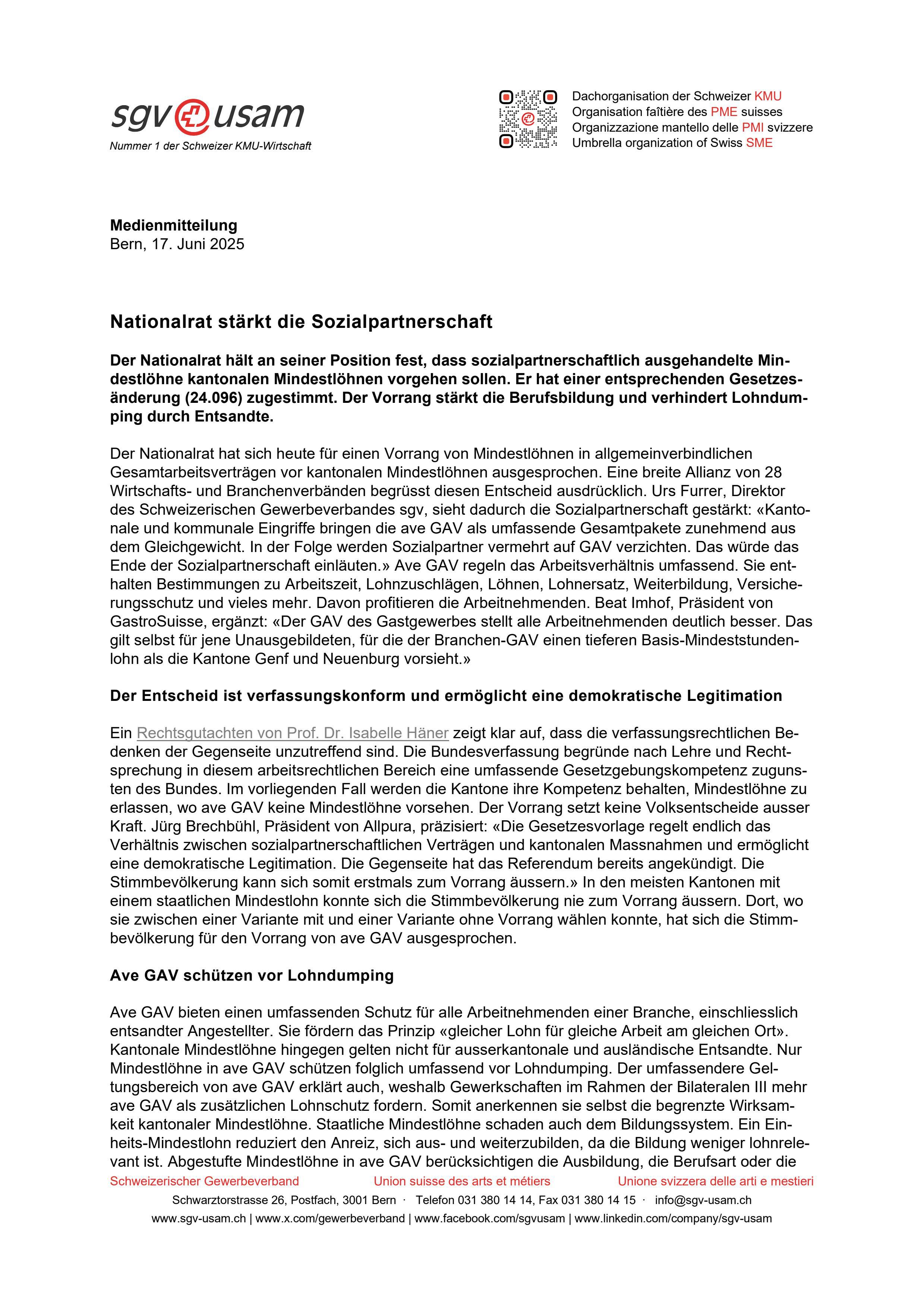 Nationalrat stärkt die Sozialpartnerschaft