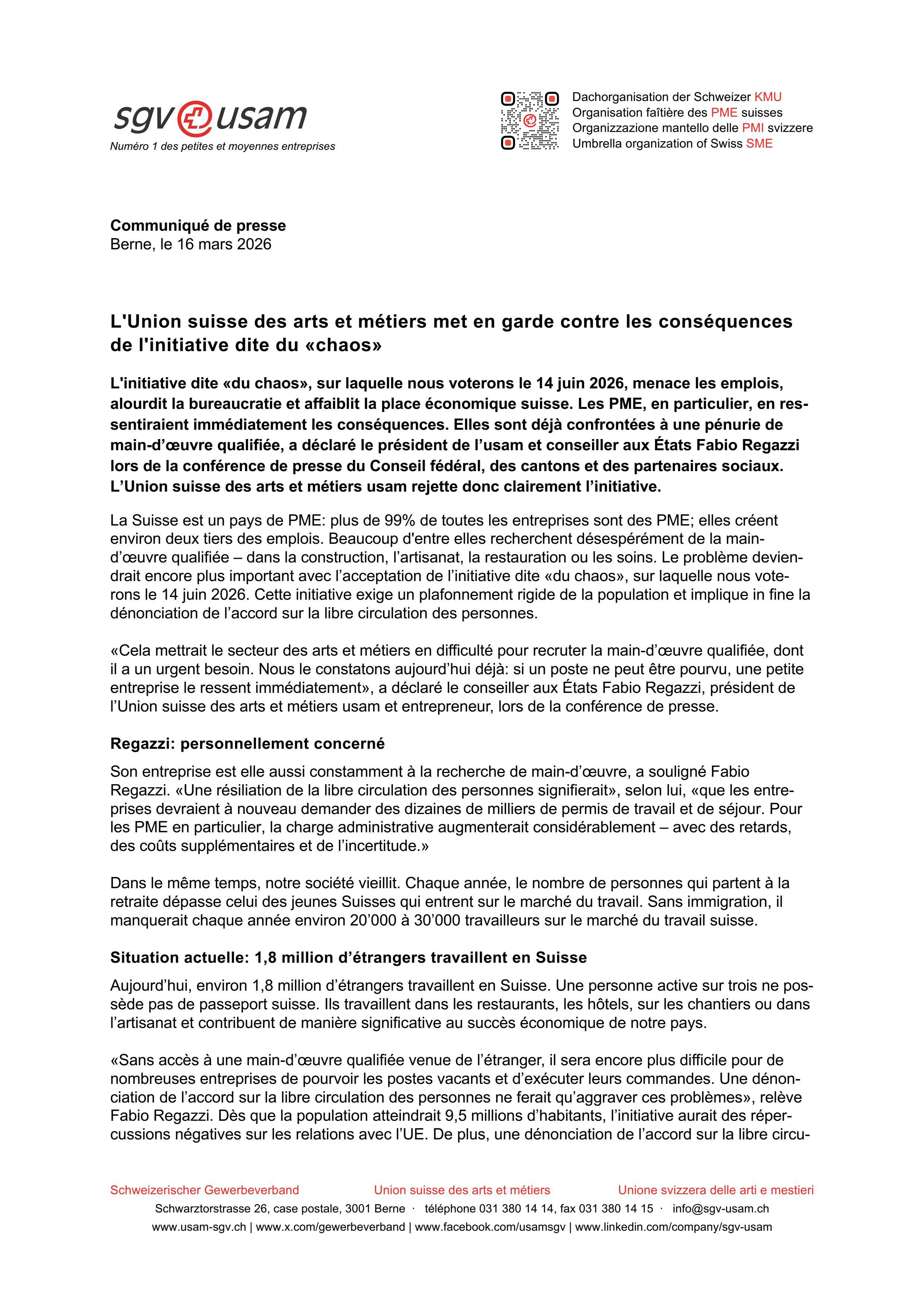 L'Union suisse des arts et métiers met en garde contre les conséquences de l'initiative dite du «chaos»