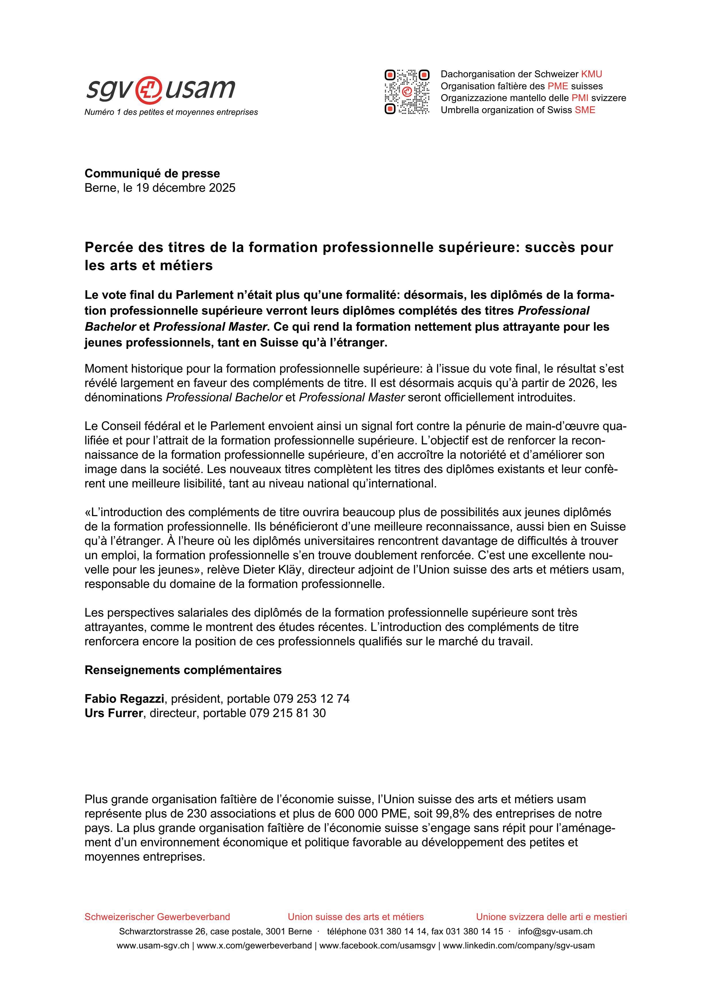 Percée des titres de la formation professionnelle supérieure: succès pour les arts et métiers