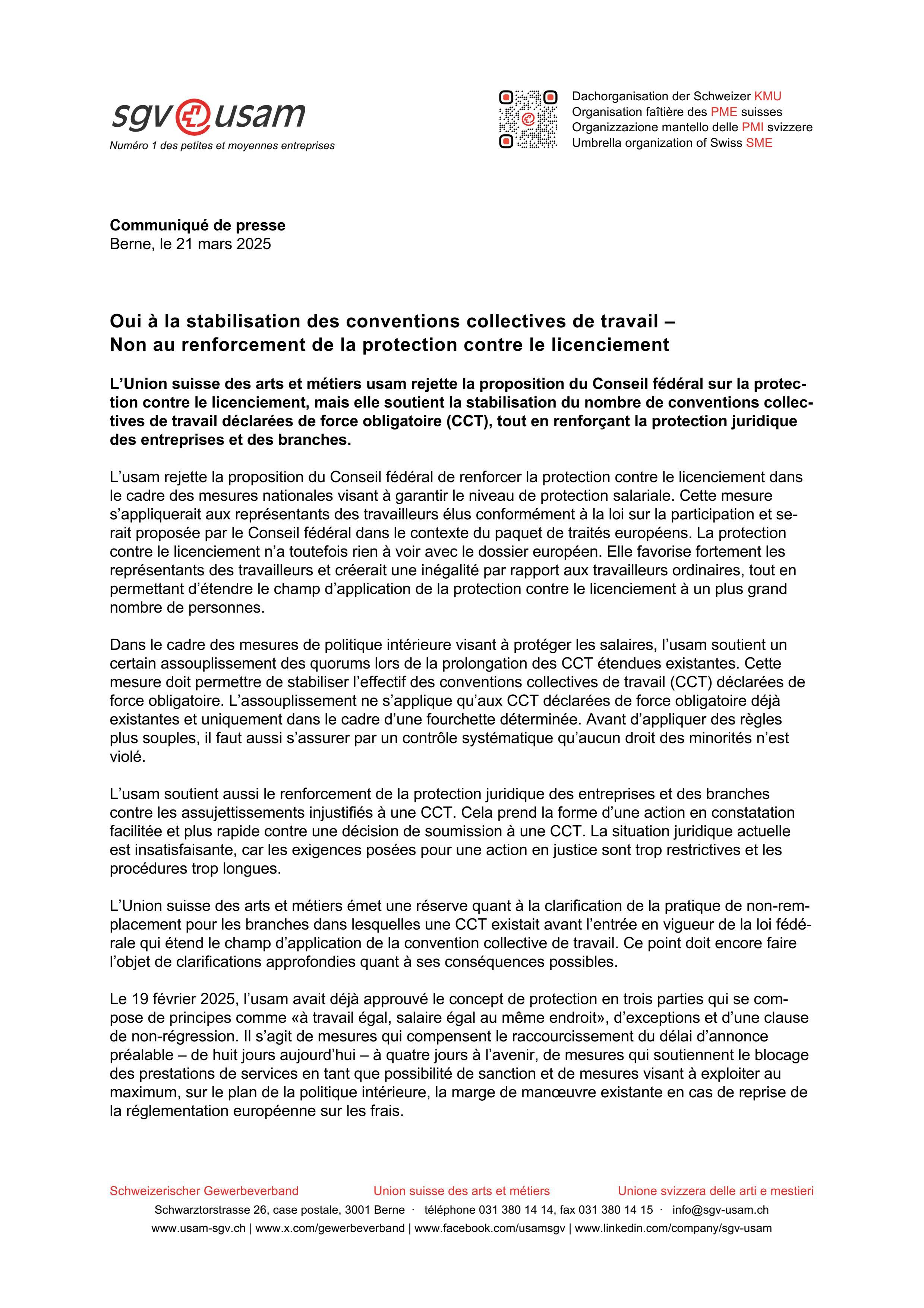 Oui à la stabilisation des conventions collectives de travail – Non au renforcement de la protection contre le licenciement