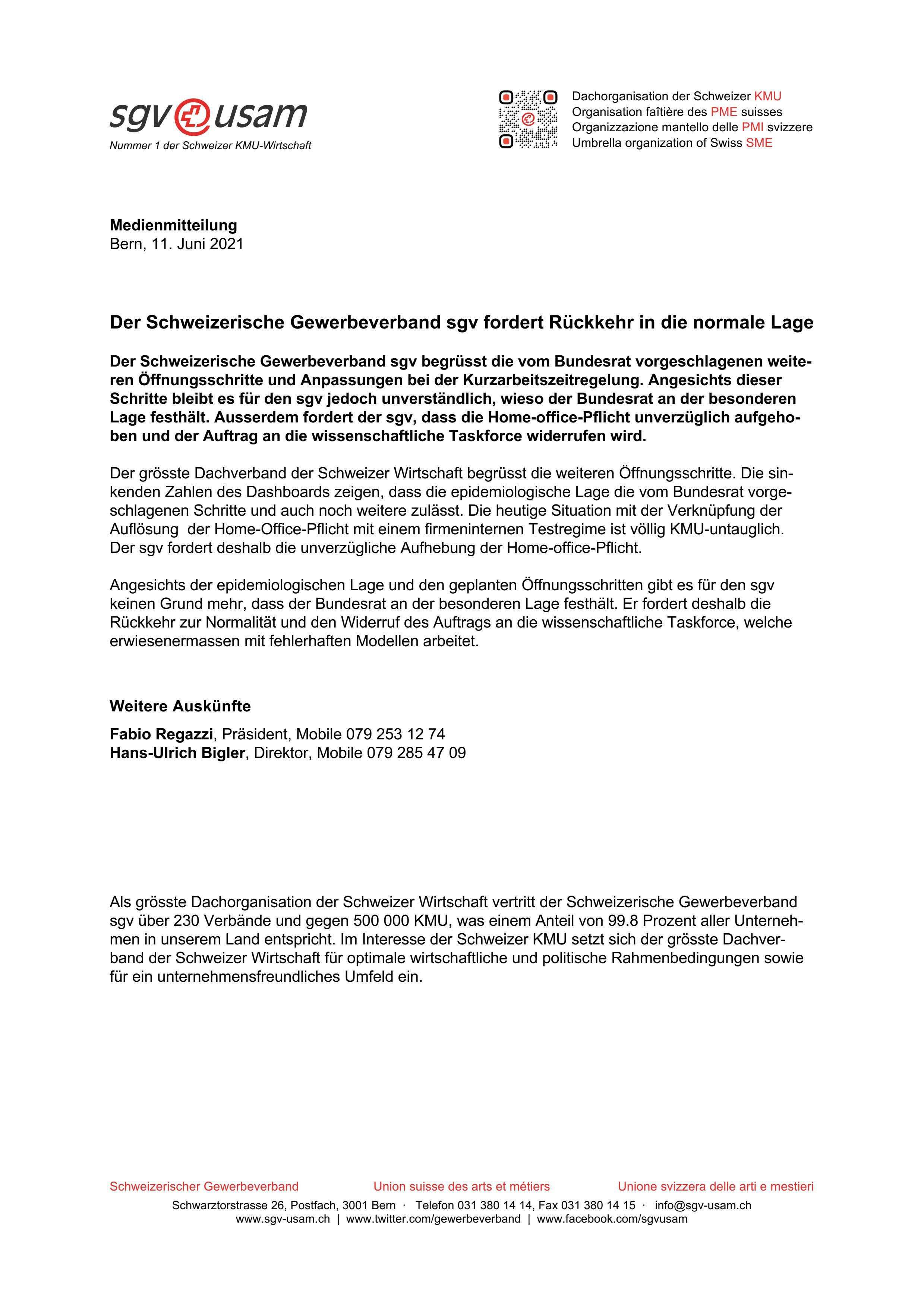Der Schweizerische Gewerbeverband sgv fordert Rückkehr in die normale Lage