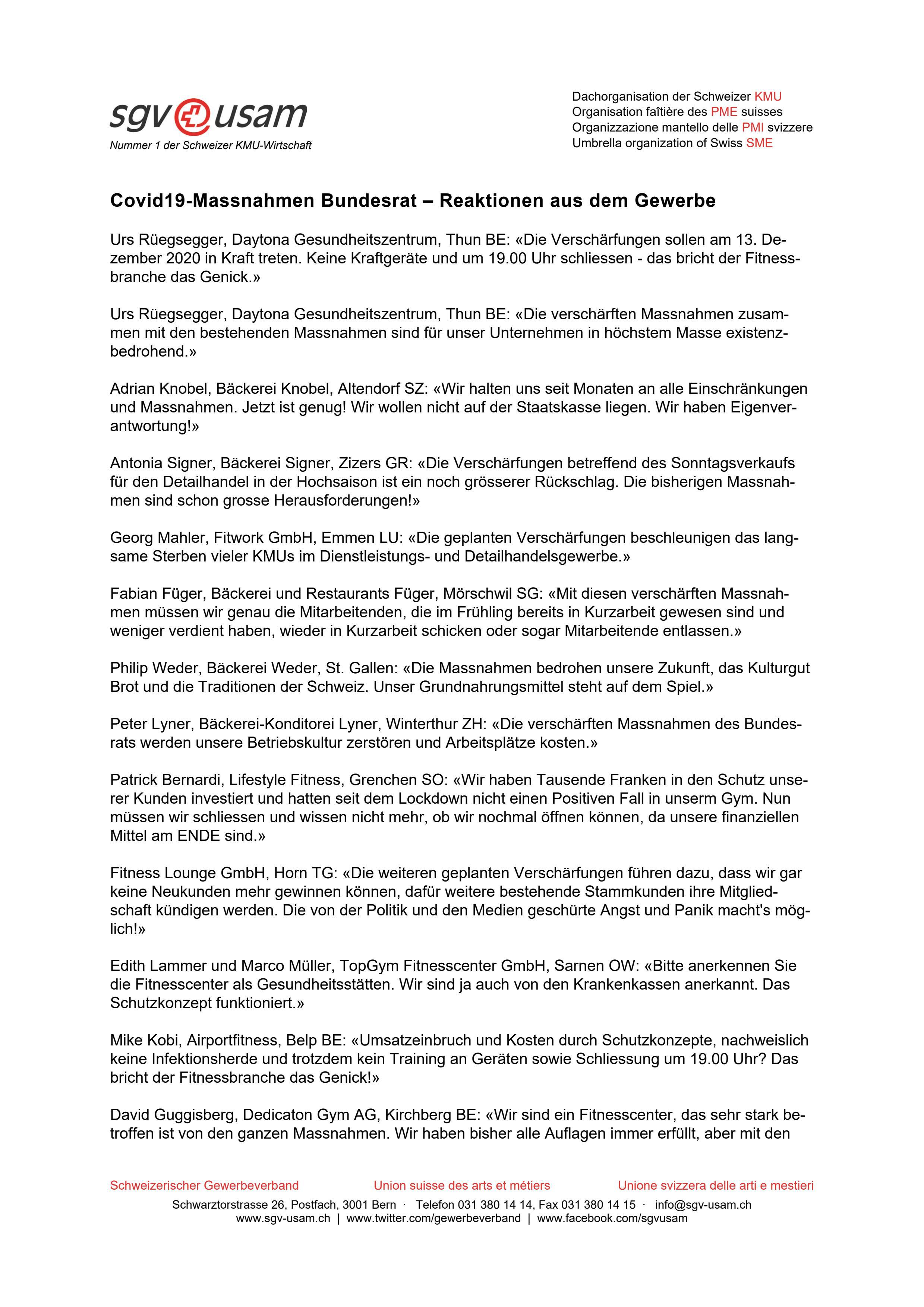  Reaktionen aus dem Gewerbe - Liste der Statements