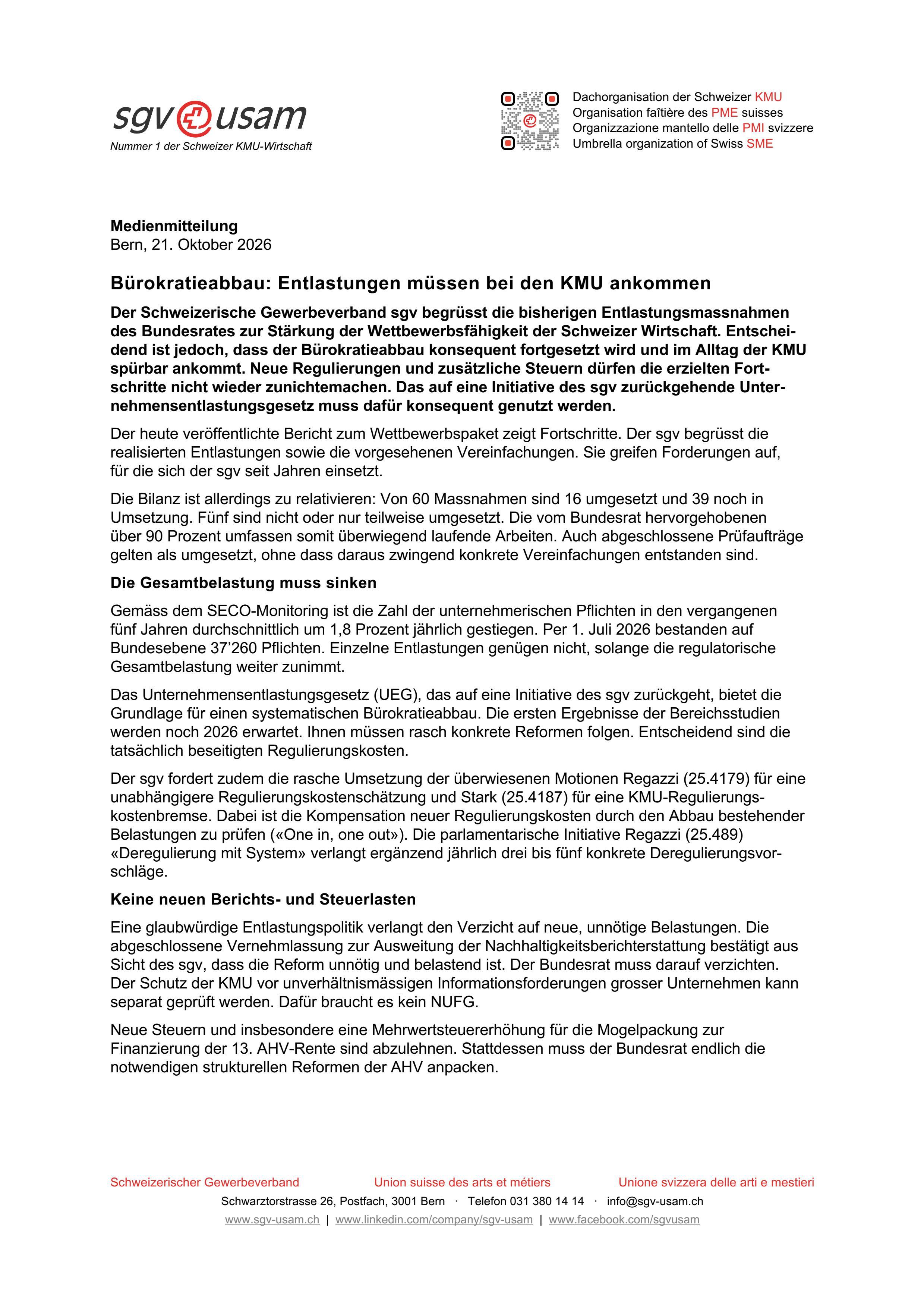 Bürokratieabbau: Entlastungen müssen bei den KMU ankommen