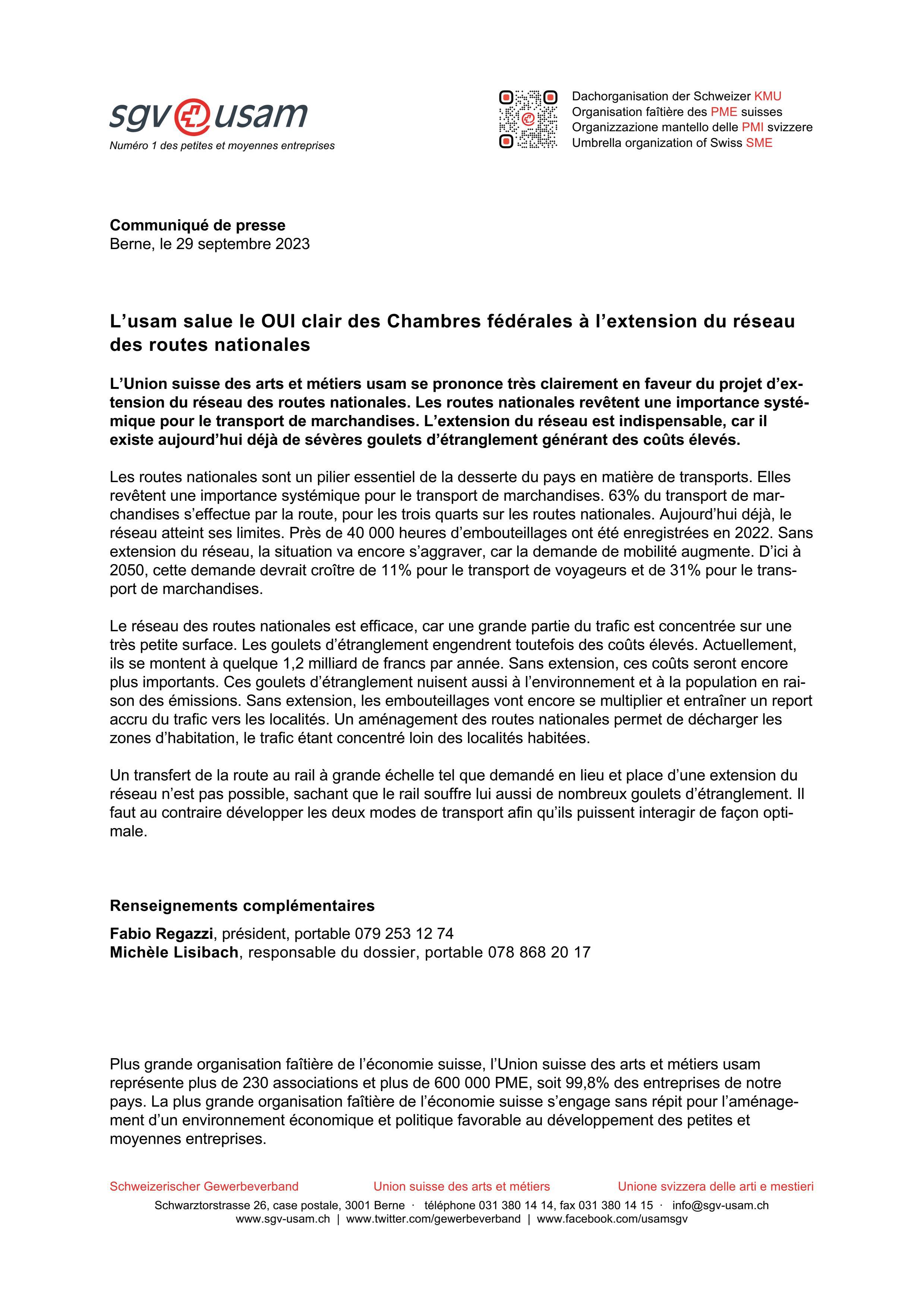 L’usam salue le OUI clair des Chambres fédérales à l’extension du réseau des routes nationales