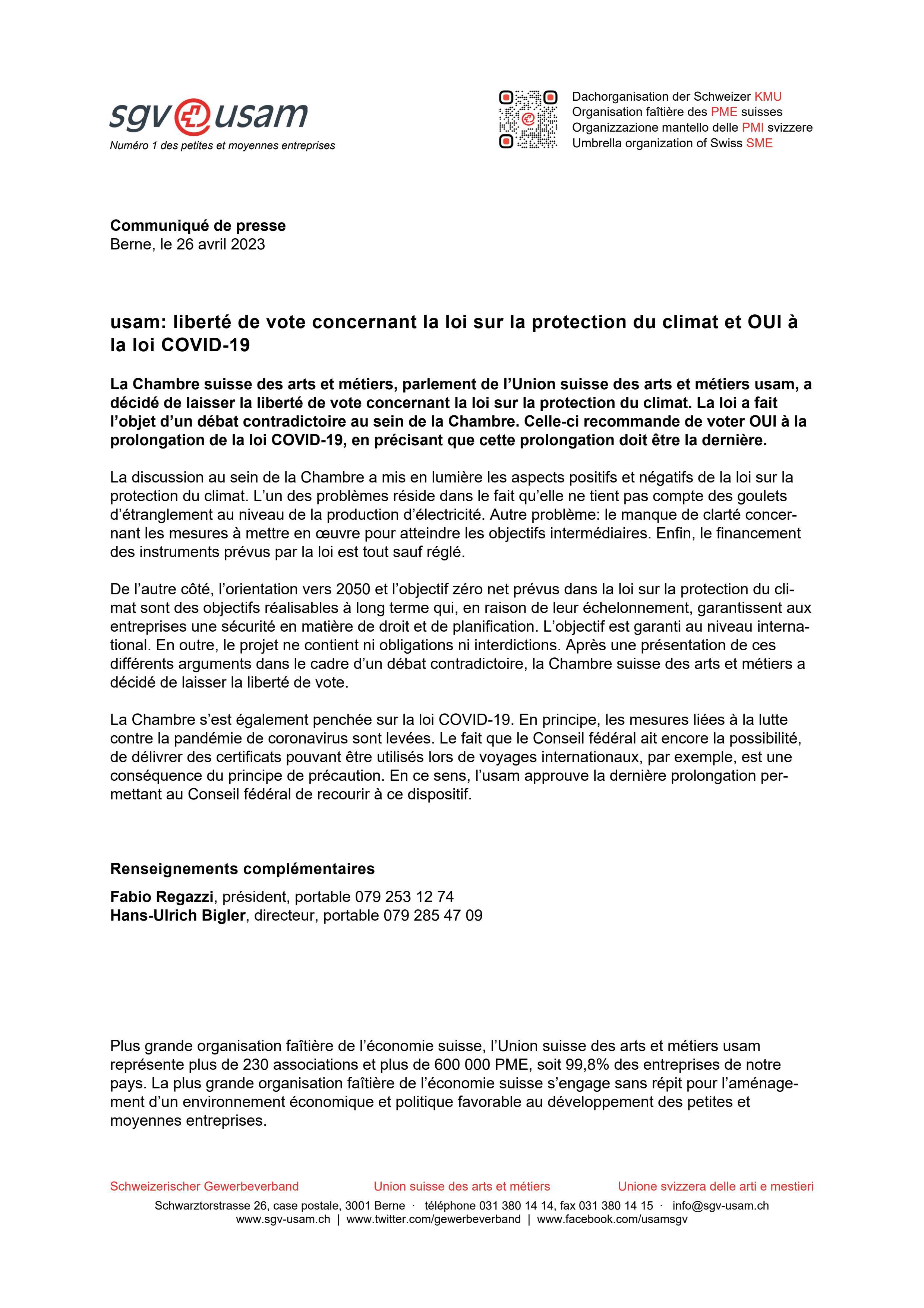 usam: liberté de vote concernant la loi sur la protection du climat et OUI à la loi COVID-19