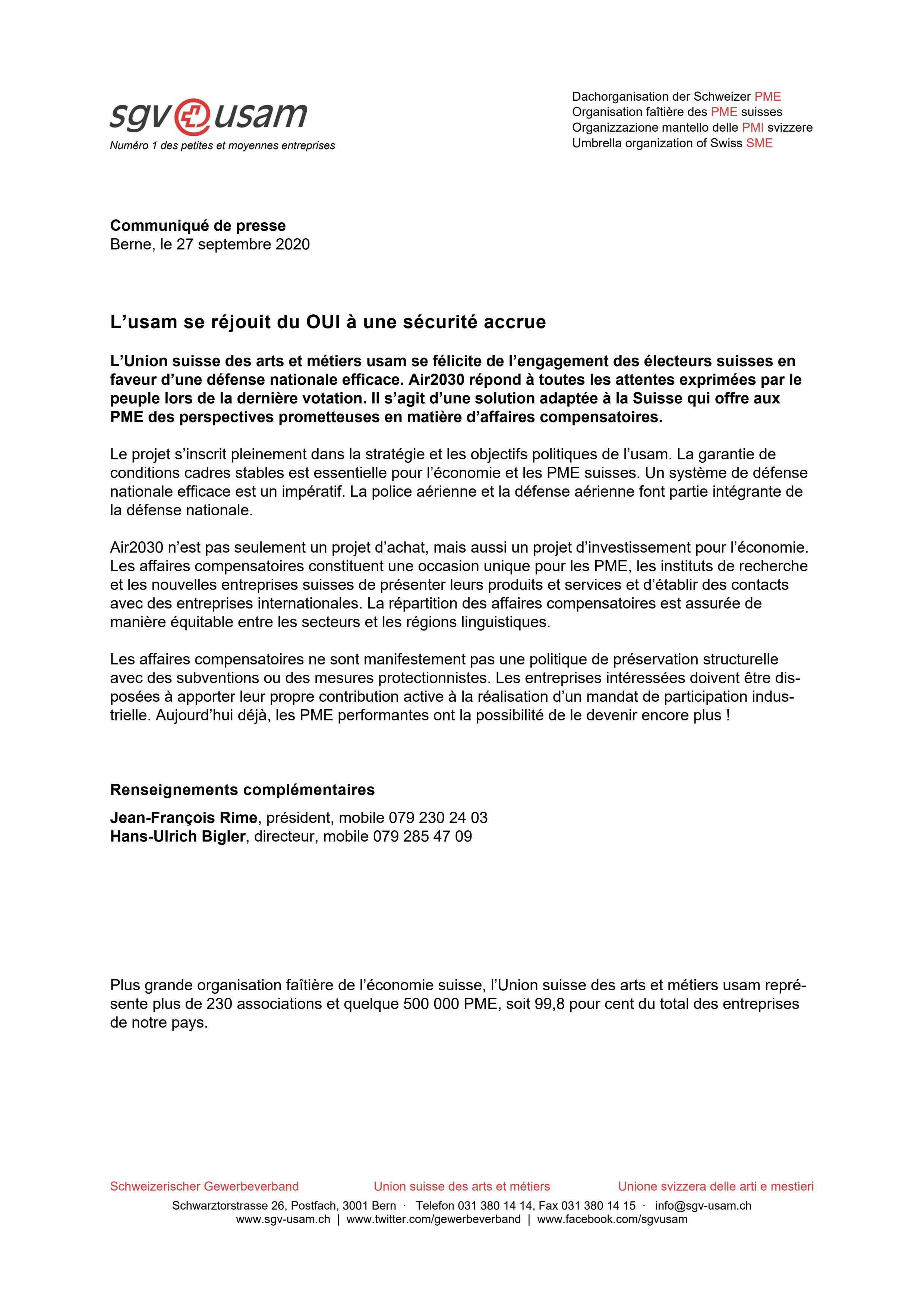 L’usam se réjouit du OUI à une sécurité accrue