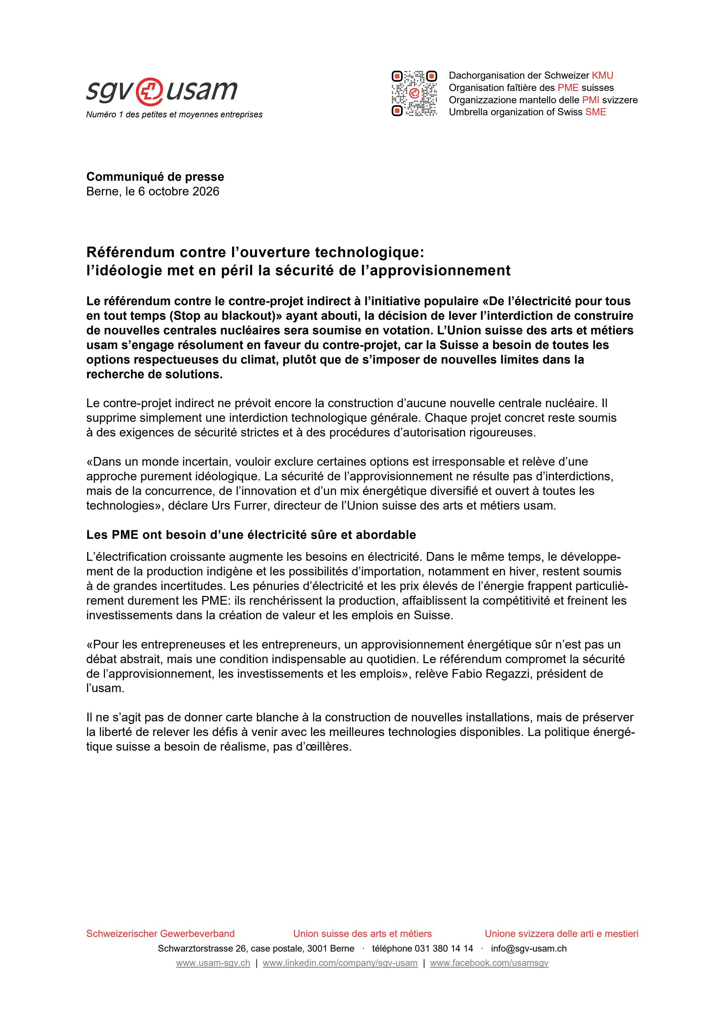 Référendum contre l’ouverture technologique: l’idéologie met en péril la sécurité de l’approvisionnement