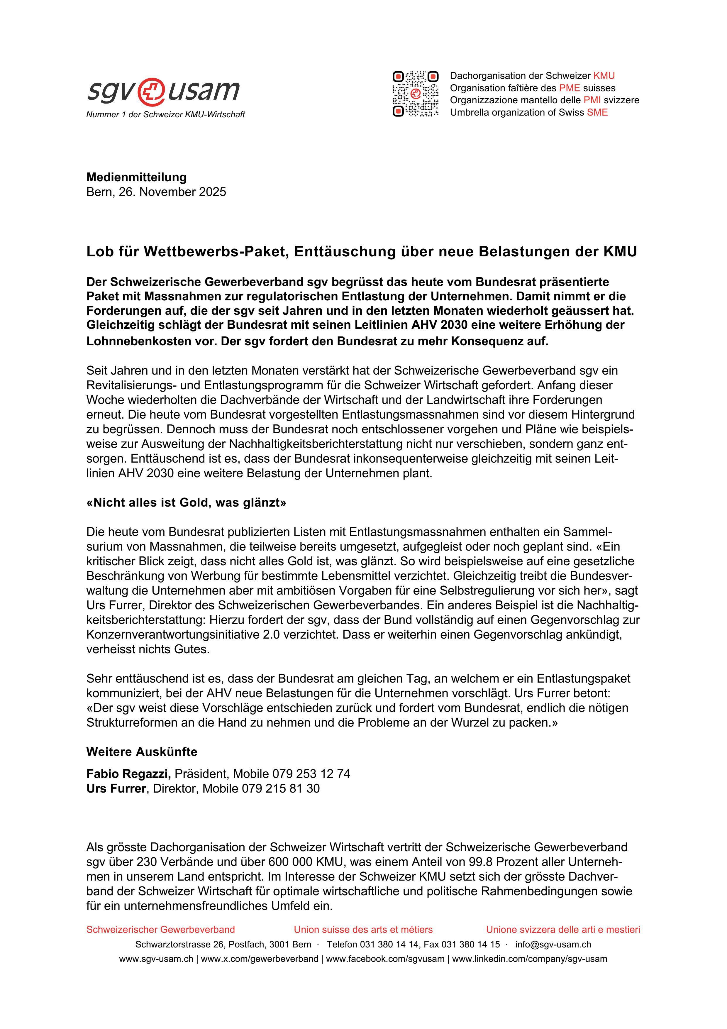 Lob für Wettbewerbs-Paket, Enttäuschung über neue Belastungen der KMU