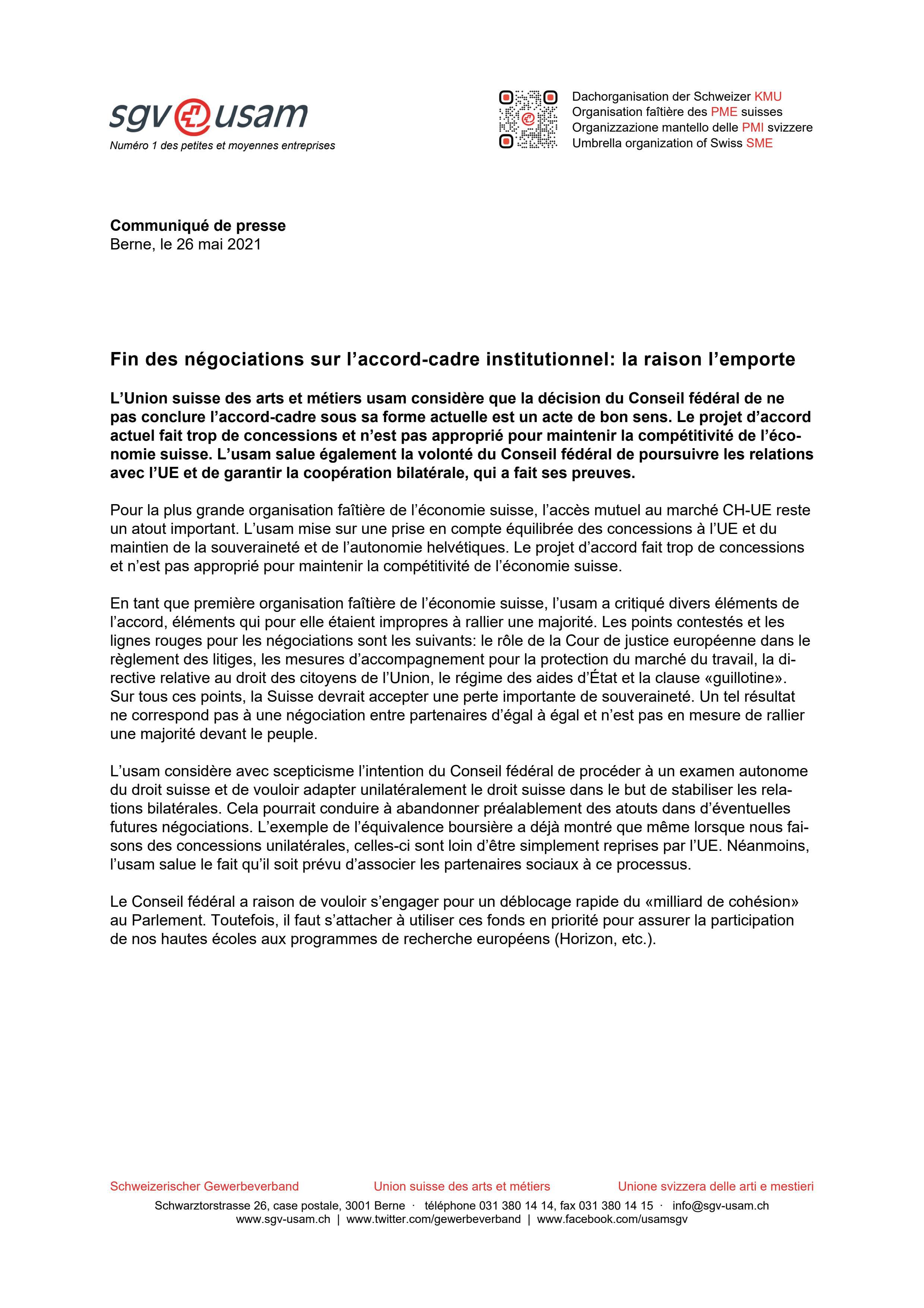 Fin des négociations sur l’accord-cadre institutionnel: la raison l’emporte