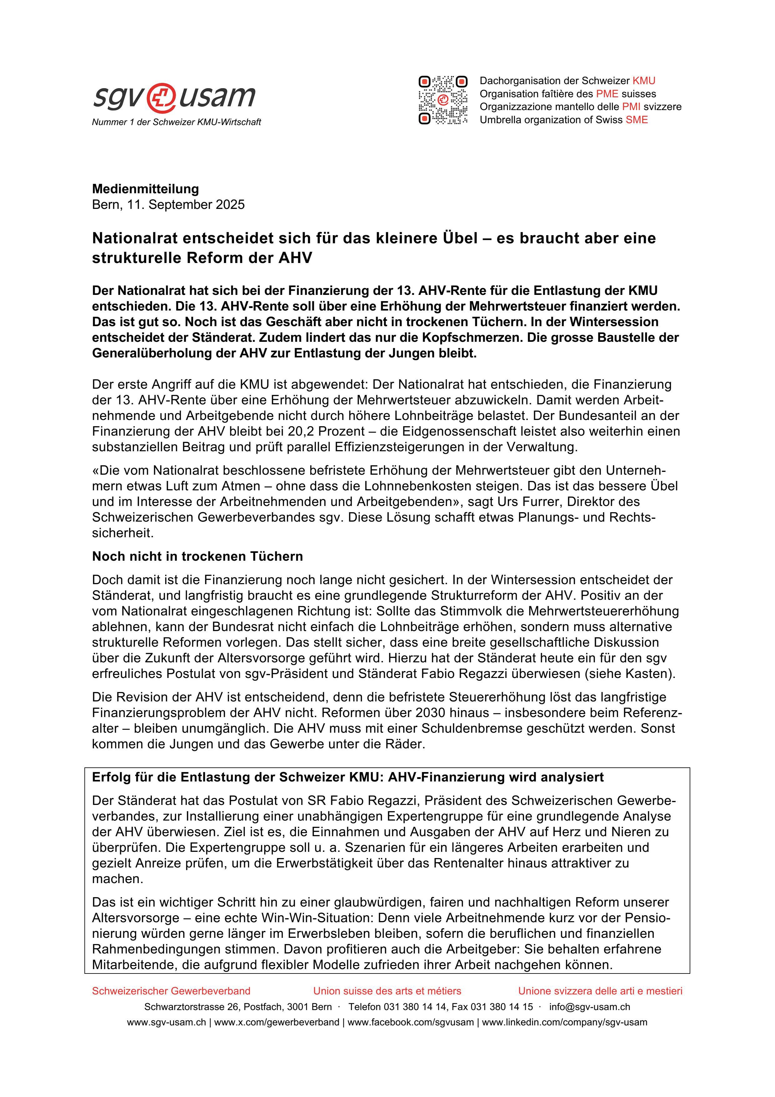 Nationalrat entscheidet sich für das kleinere Übel – es braucht aber eine strukturelle Reform der AHV