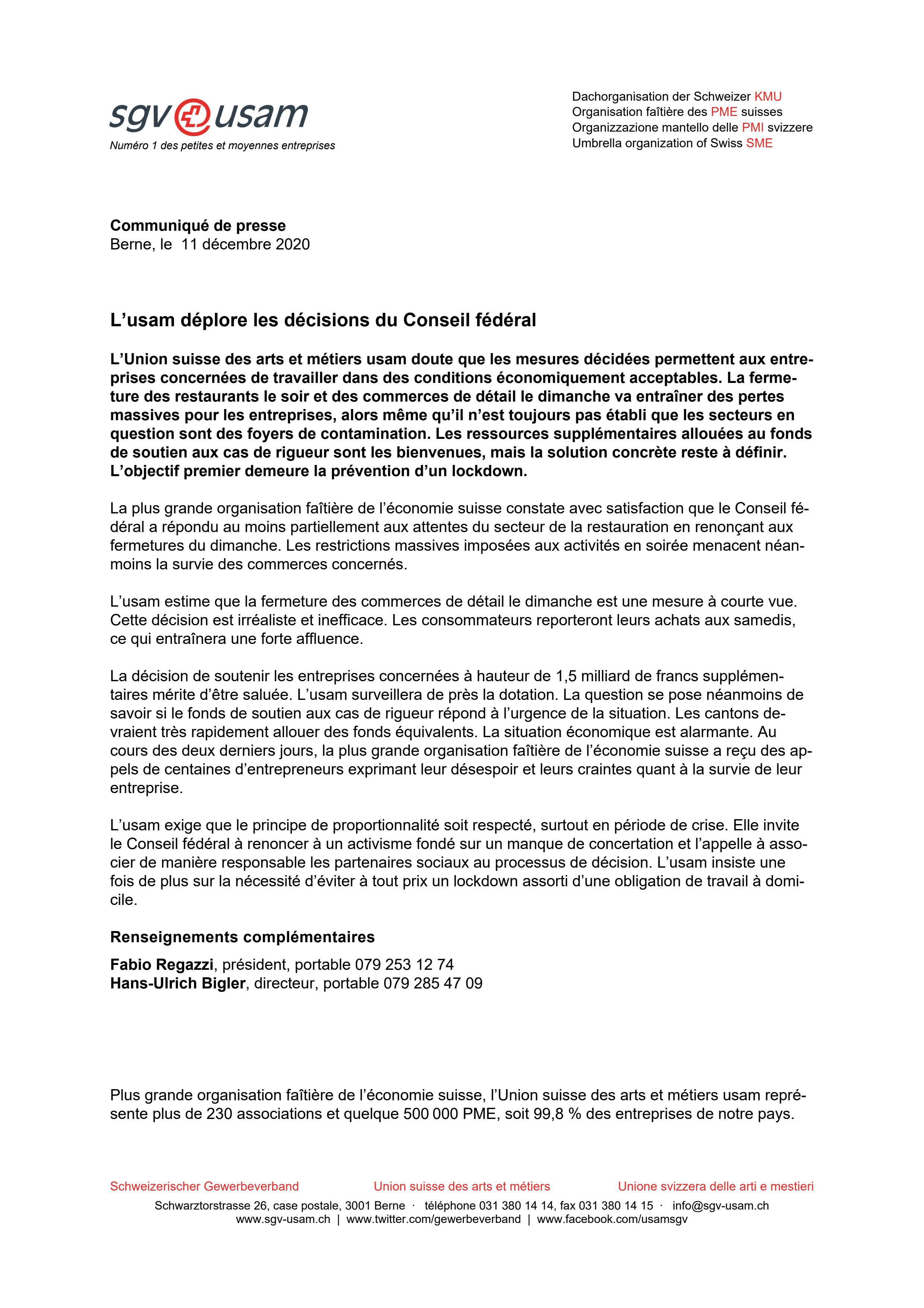 L’usam déplore les décisions du Conseil fédéral