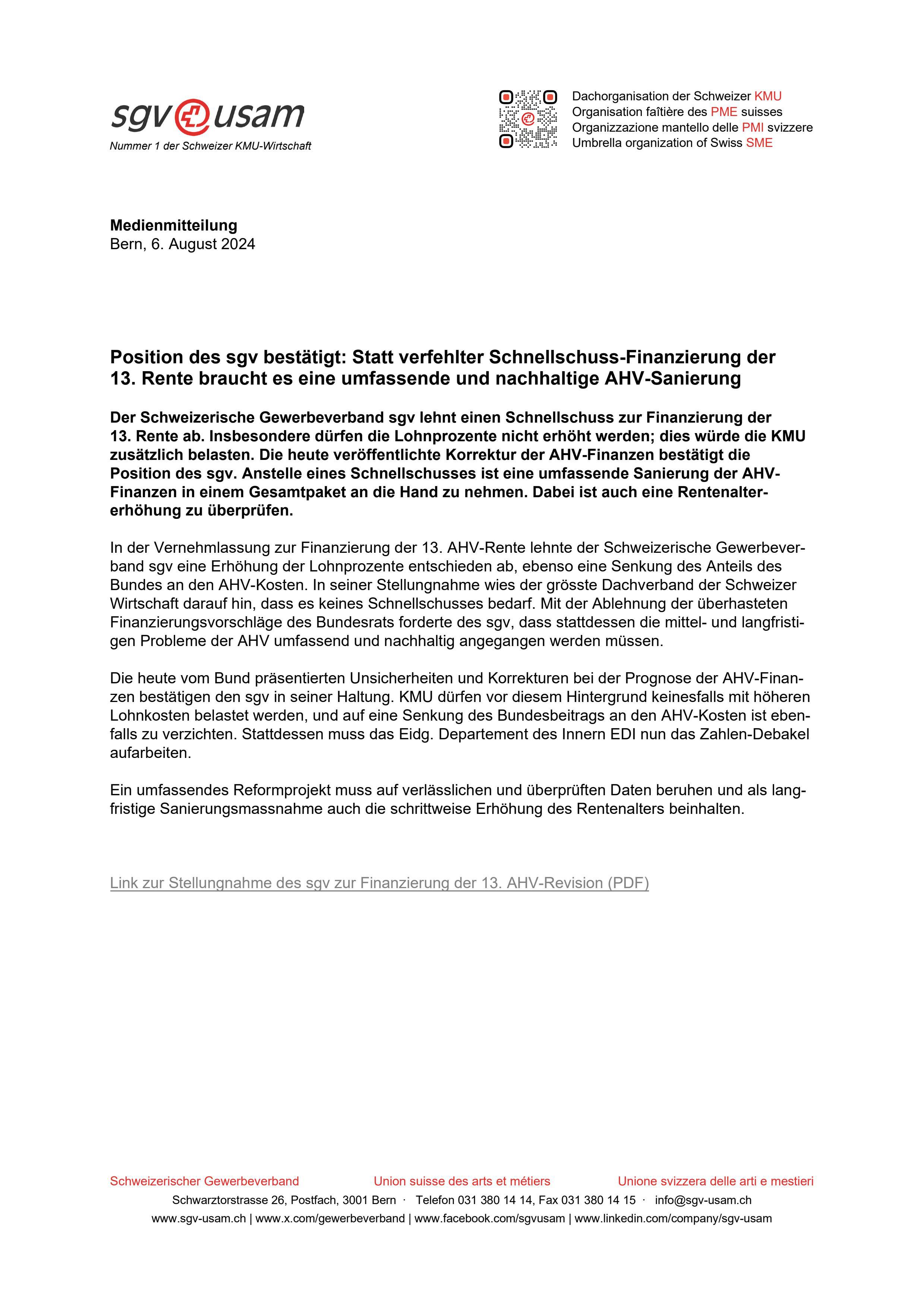 Position des sgv bestätigt: Statt verfehlter Schnellschuss-Finanzierung der 13. Rente braucht es eine umfassende und nachhaltige AHV-Sanierung