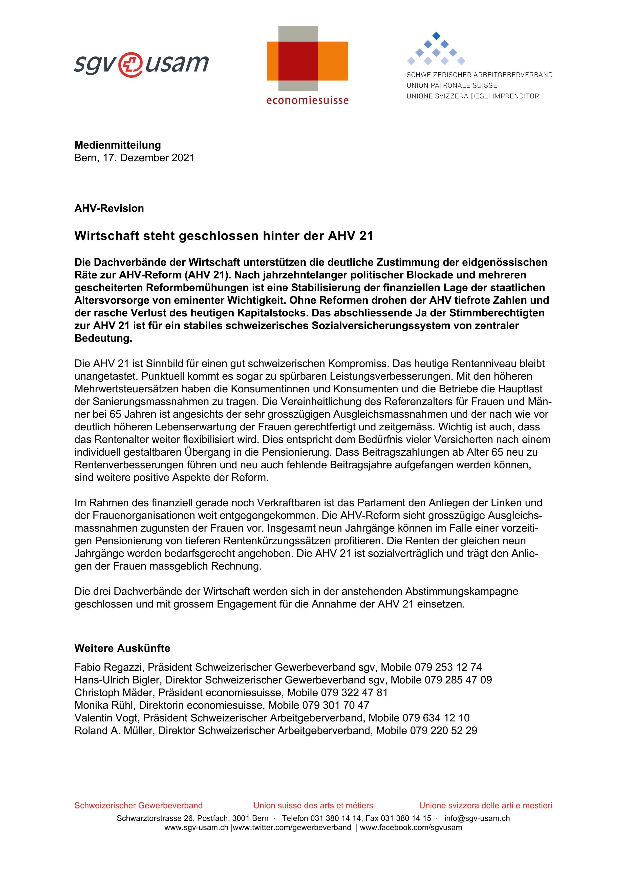 AHV-Revision: Wirtschaft steht geschlossen hinter der AHV 21