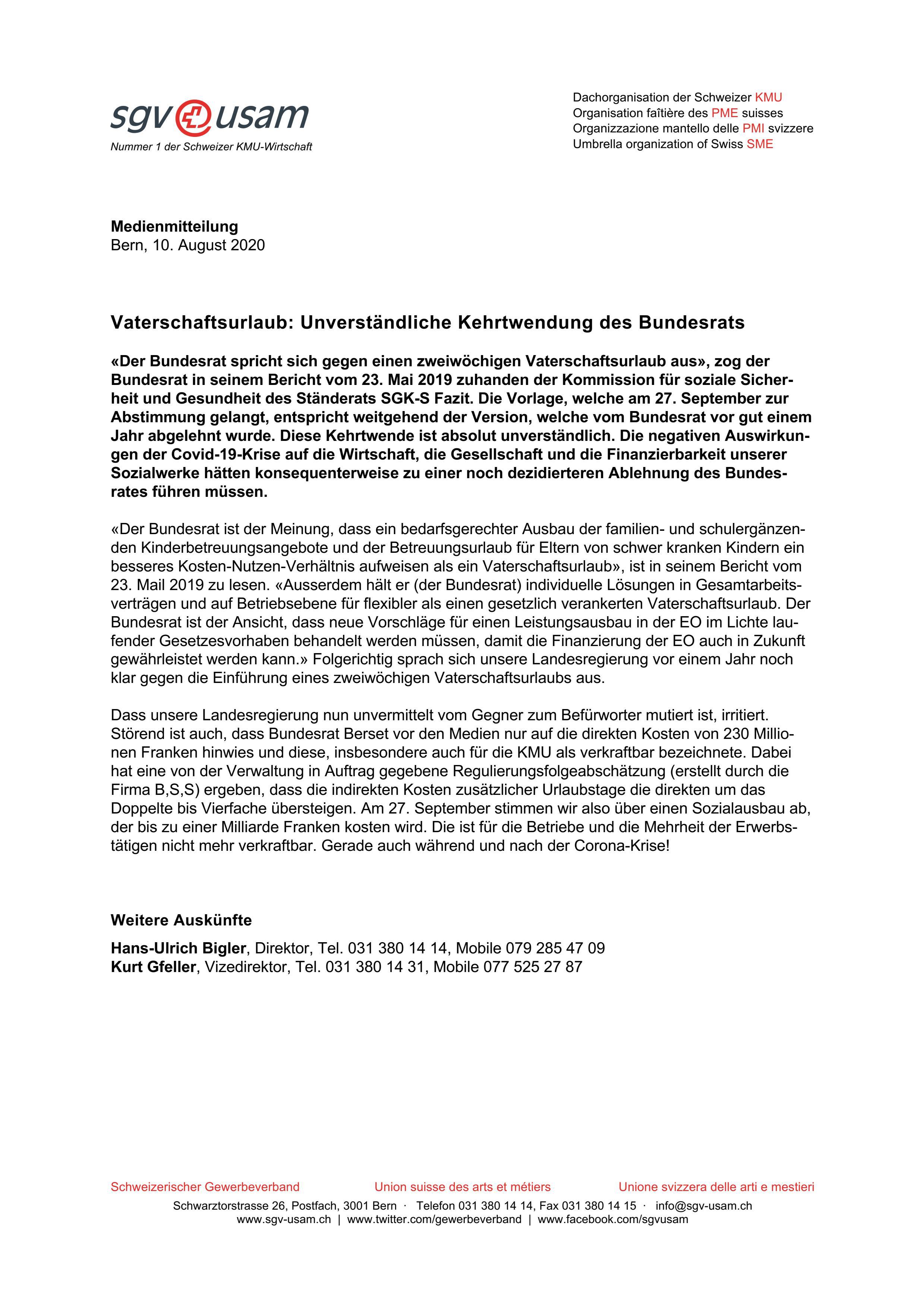 Vaterschaftsurlaub: Unverständliche Kehrtwendung des Bundesrats