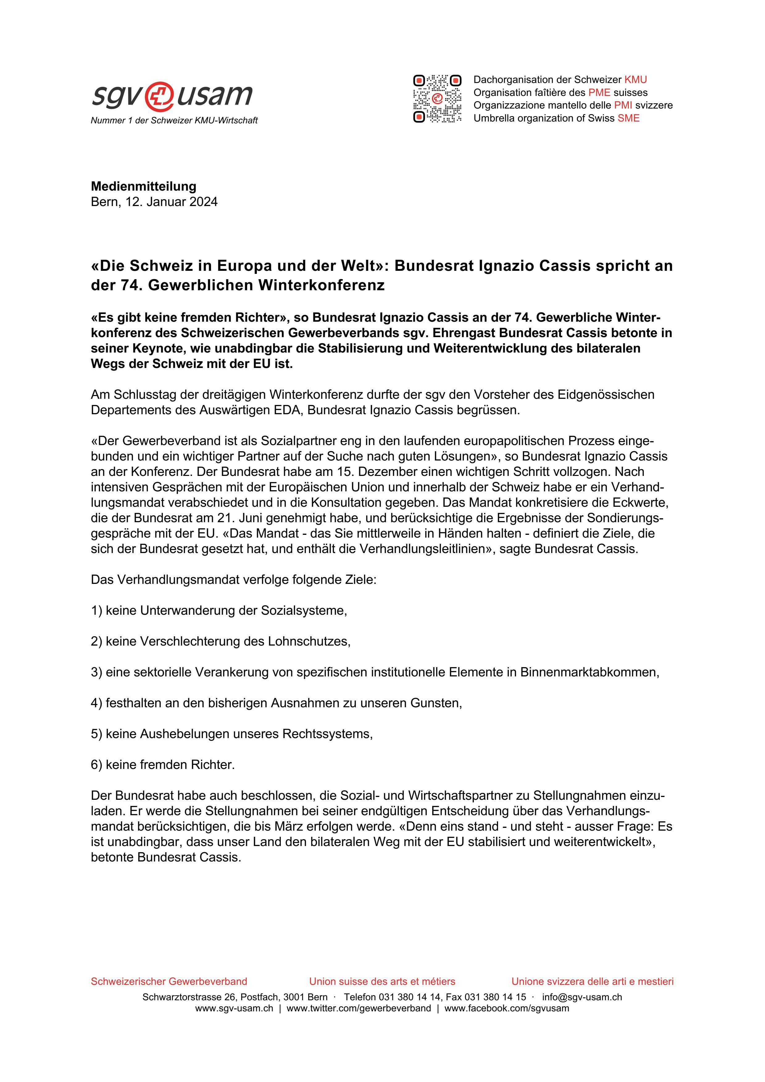 «Die Schweiz in Europa und der Welt»: Bundesrat Ignazio Cassis spricht an der 74. Gewerblichen Winterkonferenz