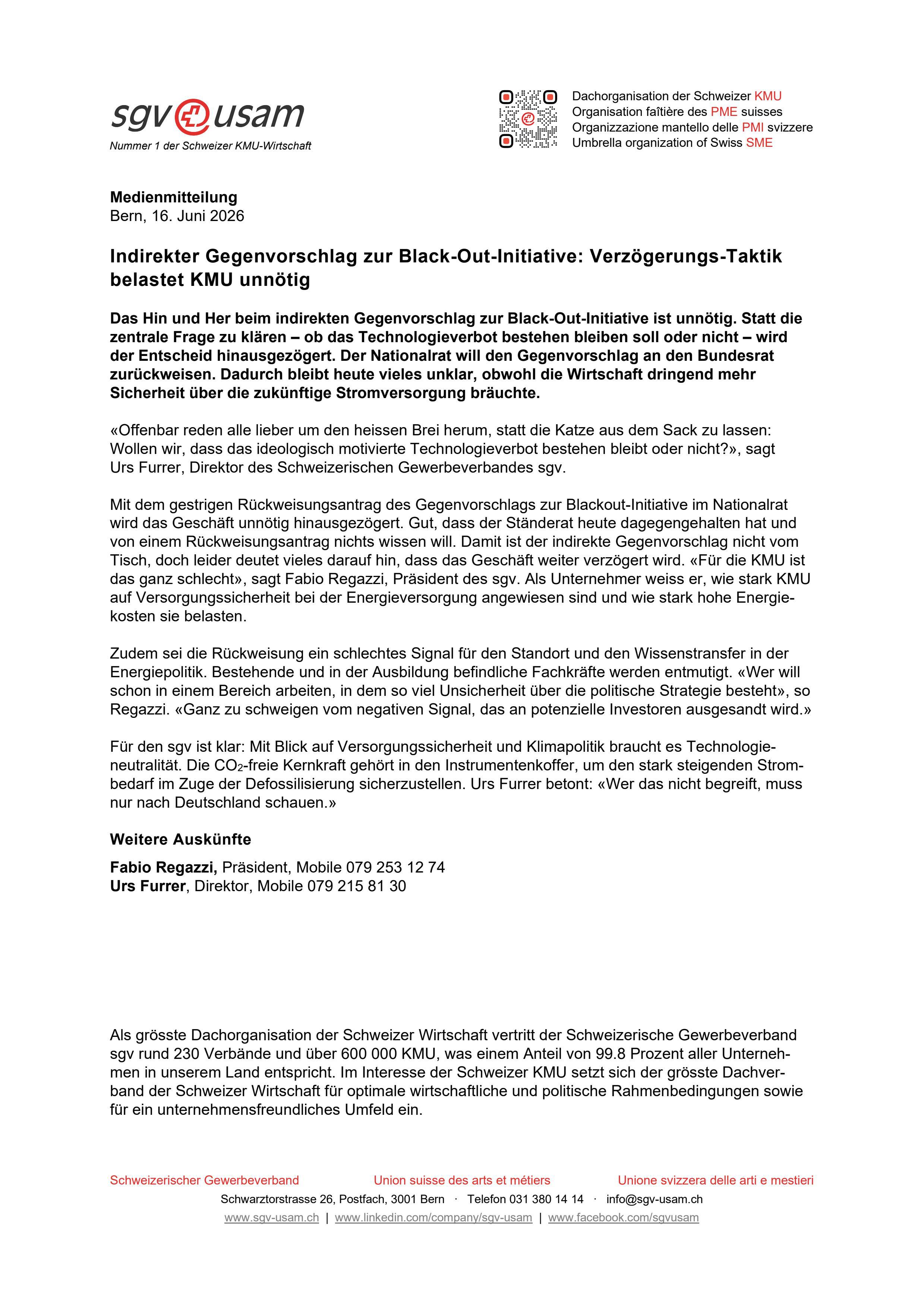 Indirekter Gegenvorschlag zur Black-Out-Initiative: Verzögerungs-Taktik belastet KMU unnötig