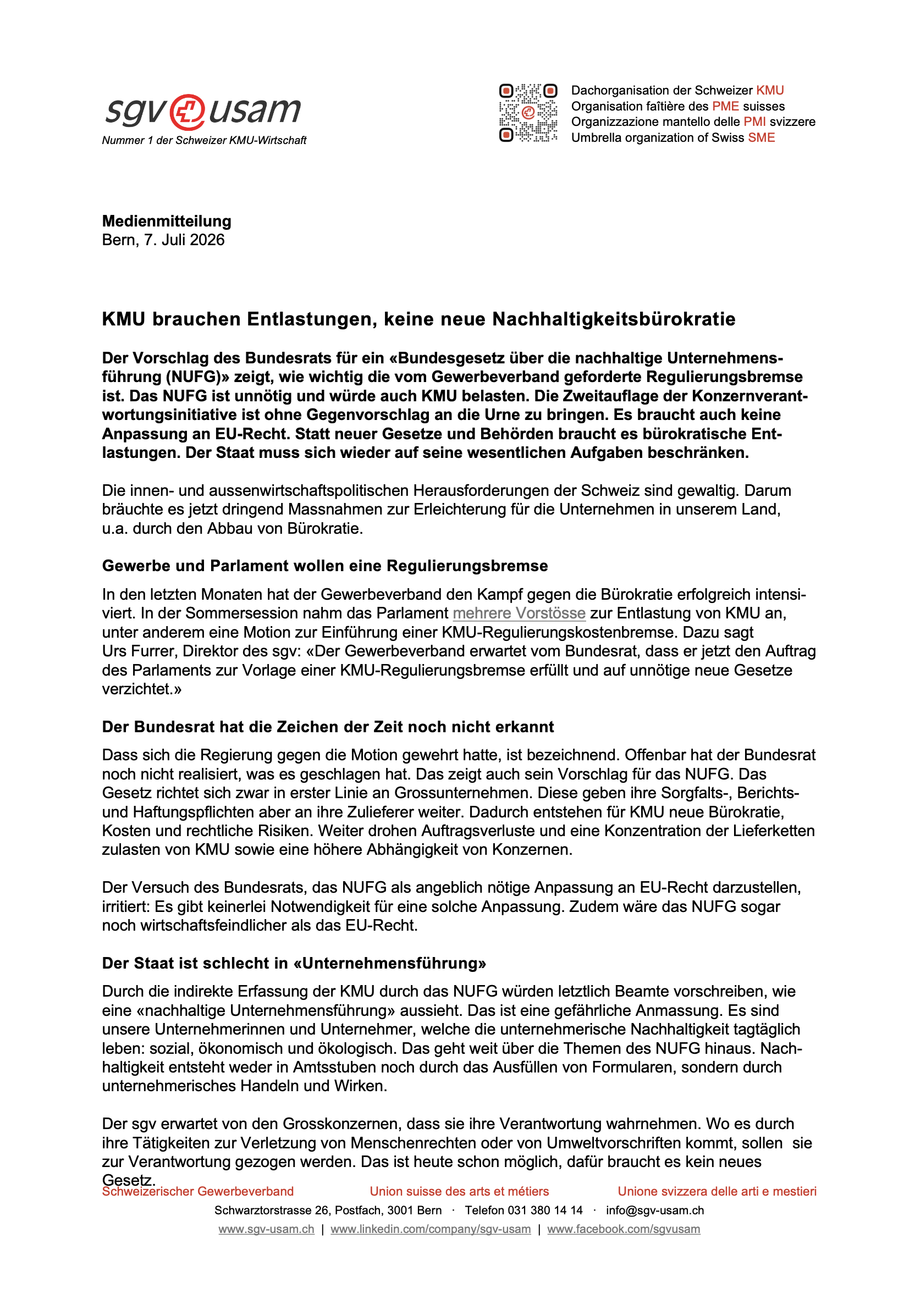 KMU brauchen Entlastungen, keine neue Nachhaltigkeitsbürokratie