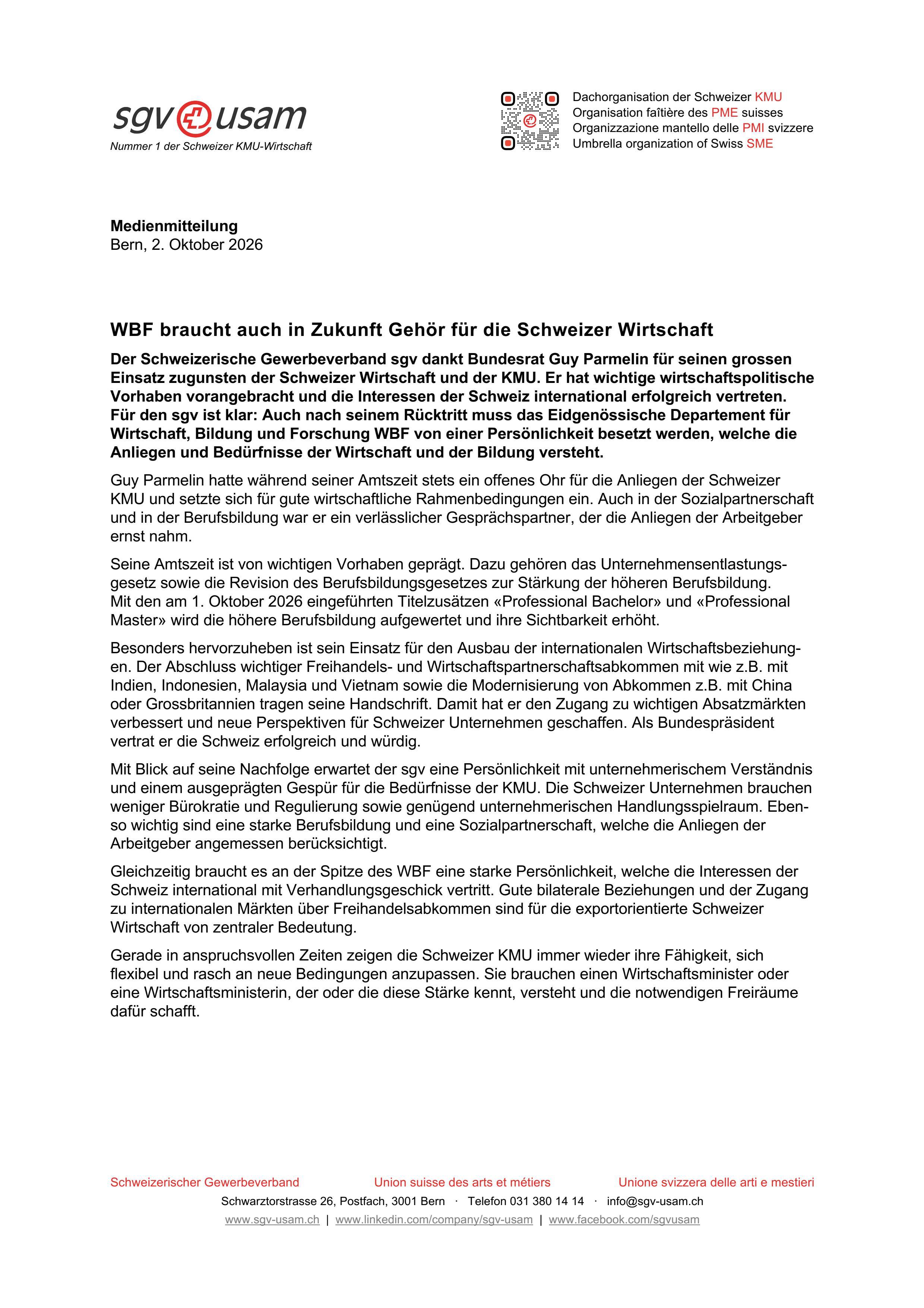 WBF braucht auch in Zukunft Gehör für die Schweizer Wirtschaft