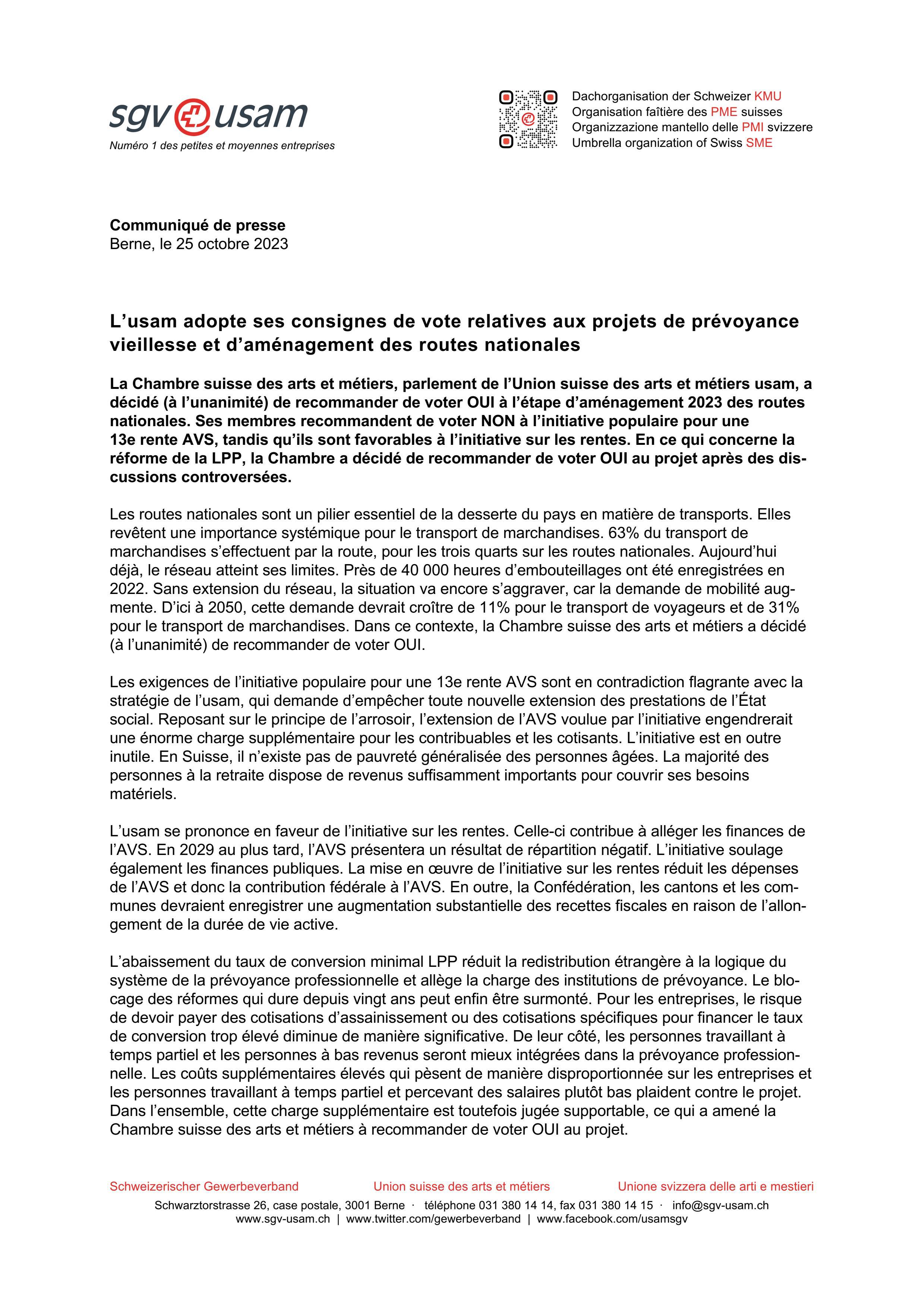 L’usam adopte ses consignes de vote relatives aux projets de prévoyance vieillesse et d’aménagement des routes nationales