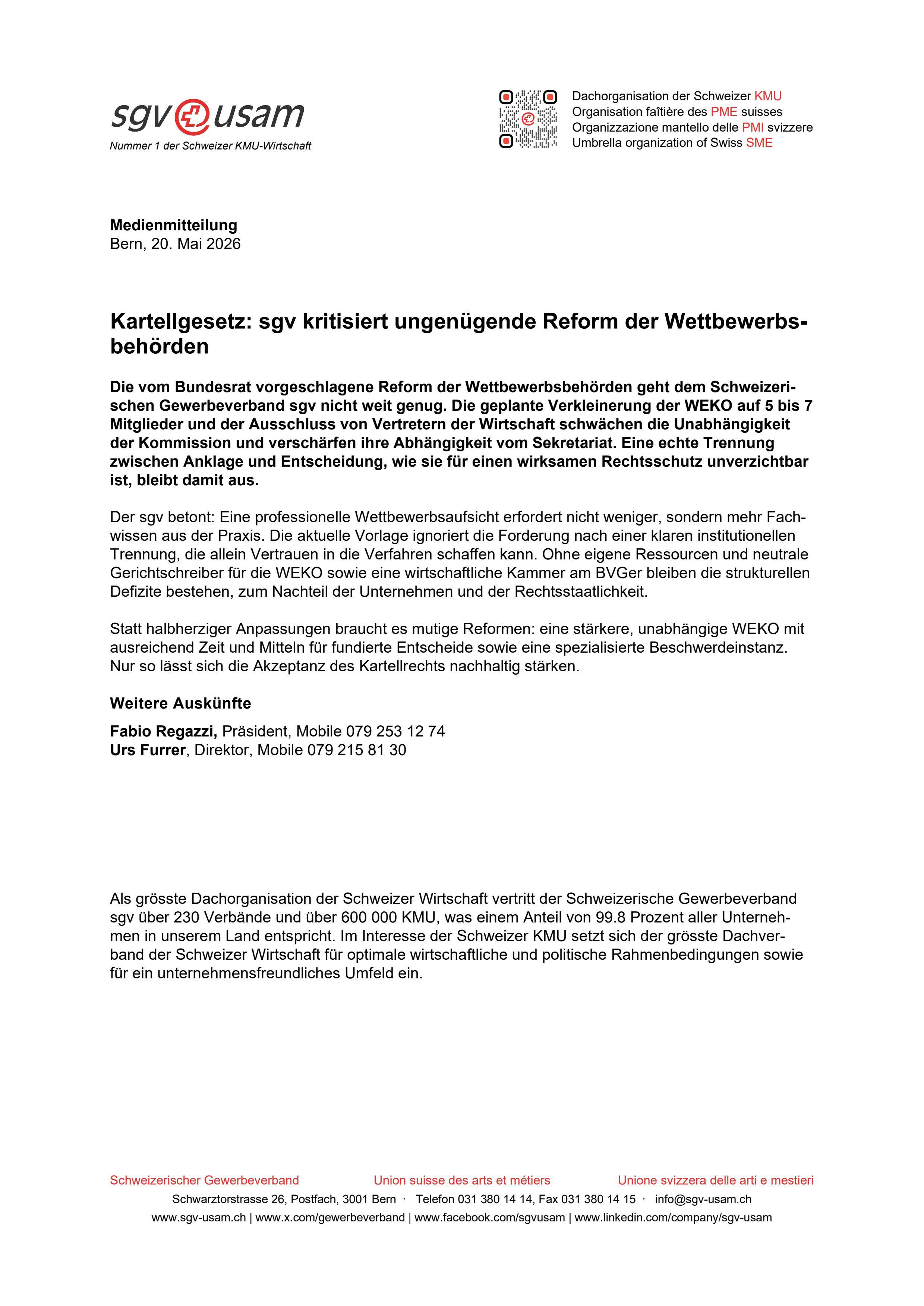Kartellgesetz: sgv kritisiert ungenügende Reform der Wettbewerbsbehörden