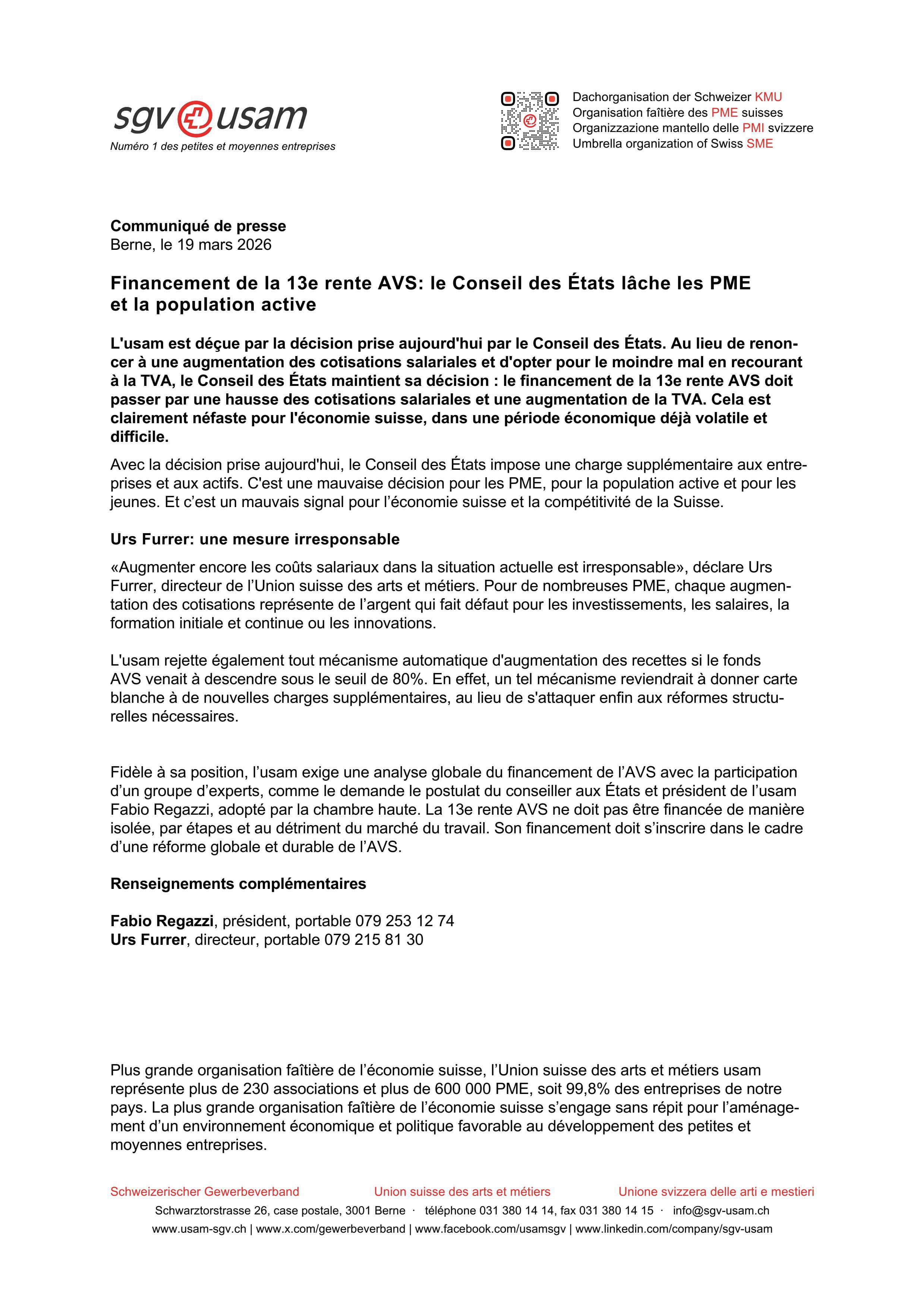 Financement de la 13e rente AVS: le Conseil des États lâche les PME et la population active