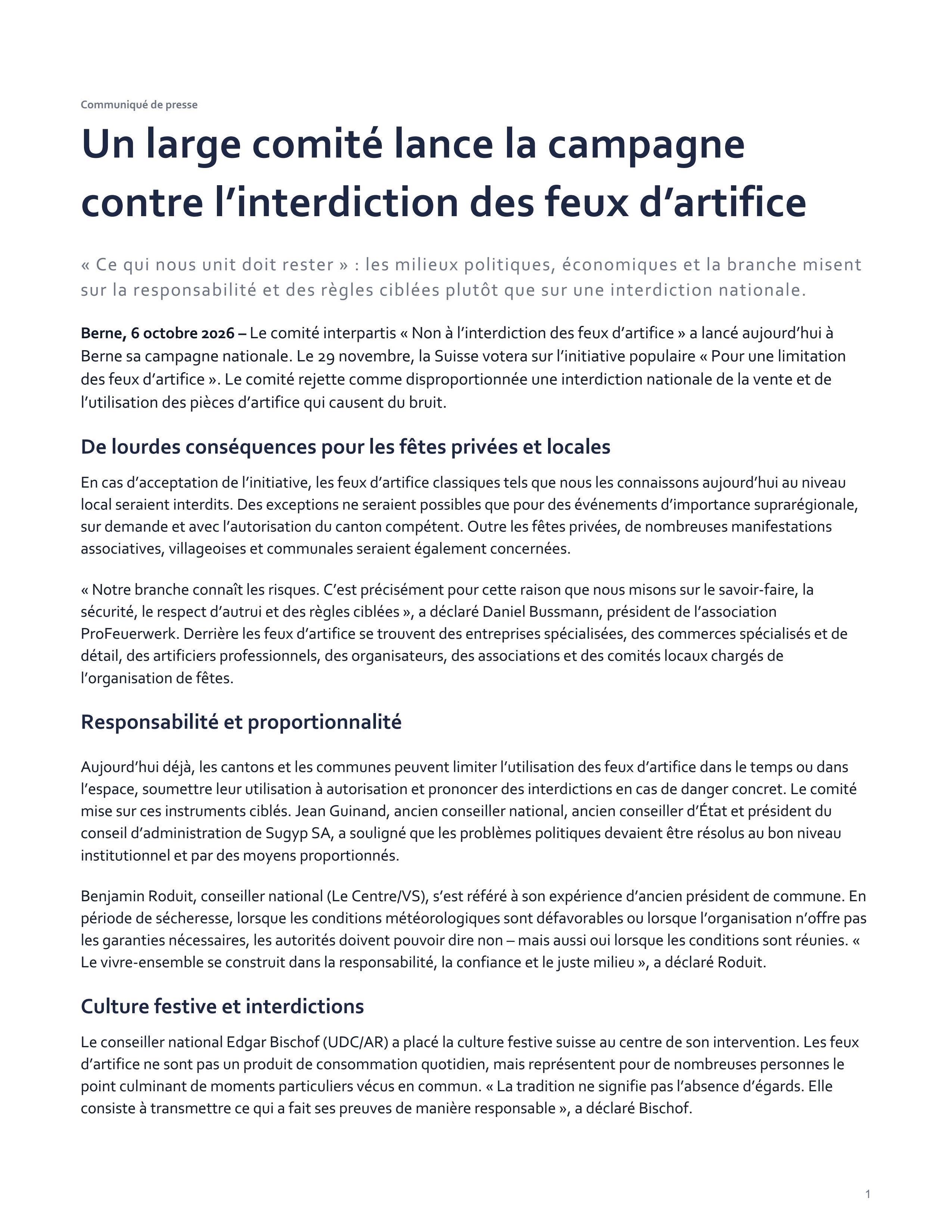 Un large comité lance la campagne contre l’interdiction des feux d’artifice