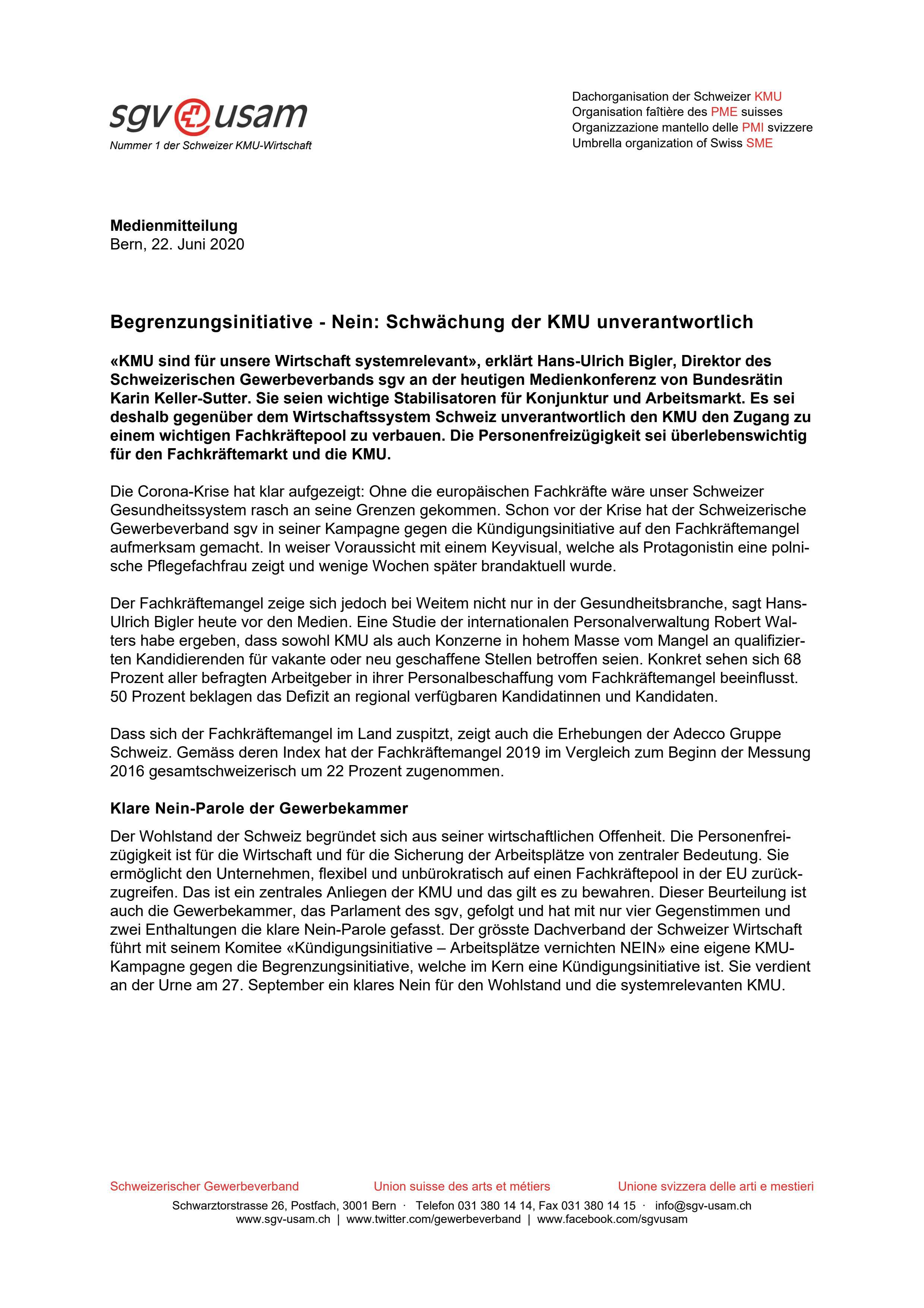 Begrenzungsinitiative - Nein: Schwächung der KMU unverantwortlich