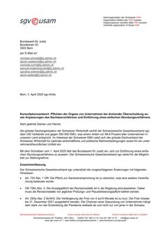  Konsultationsantwort: Pflichten der Organe von Unternehmen bei drohender Überschuldung sowie Anpassungen des Nachlassverfahrens und Einführung eines einfachen Stundungsverfahrens