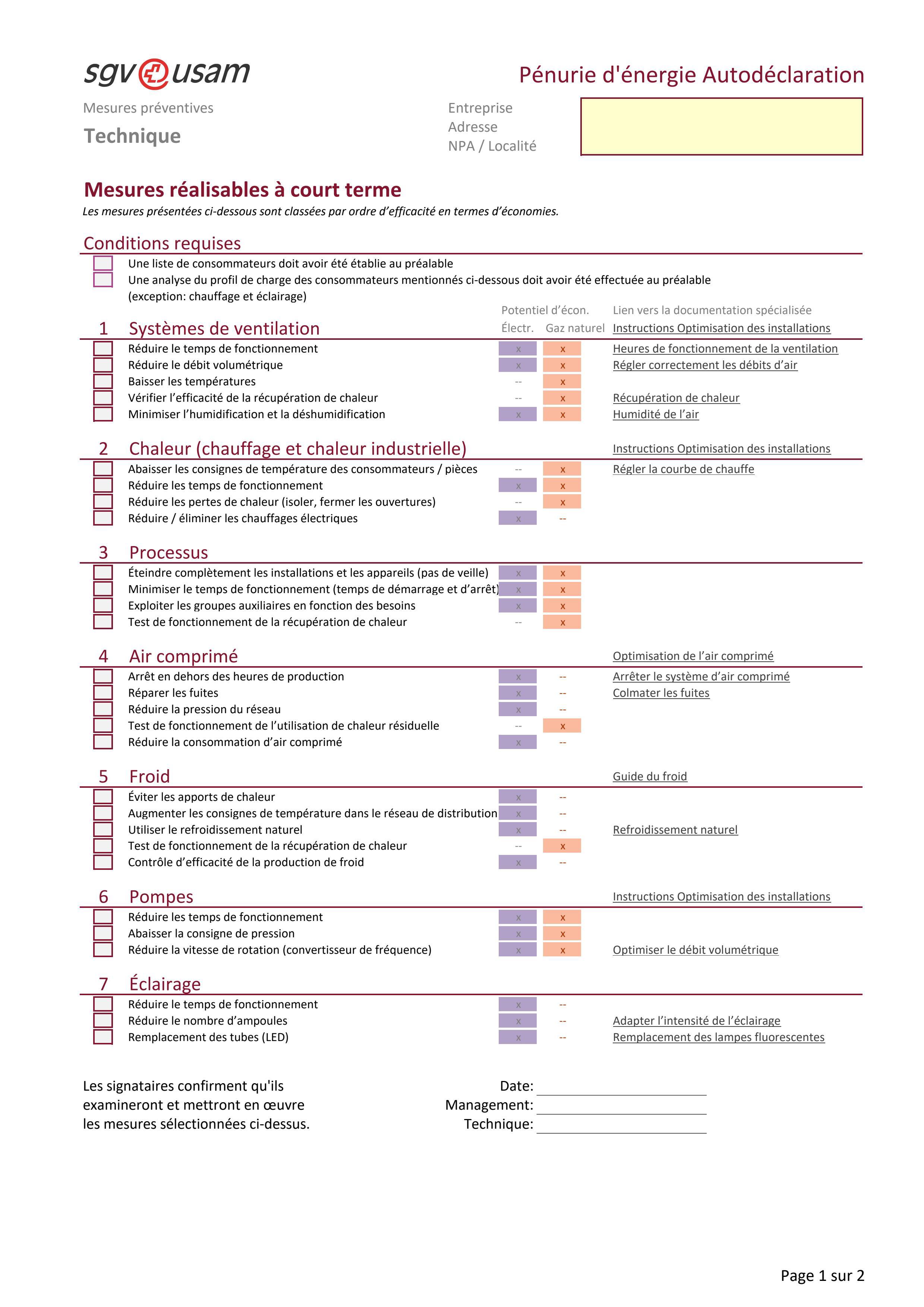  Liste de contrôle: Pénurie d'énergie autodéclaration - Technique