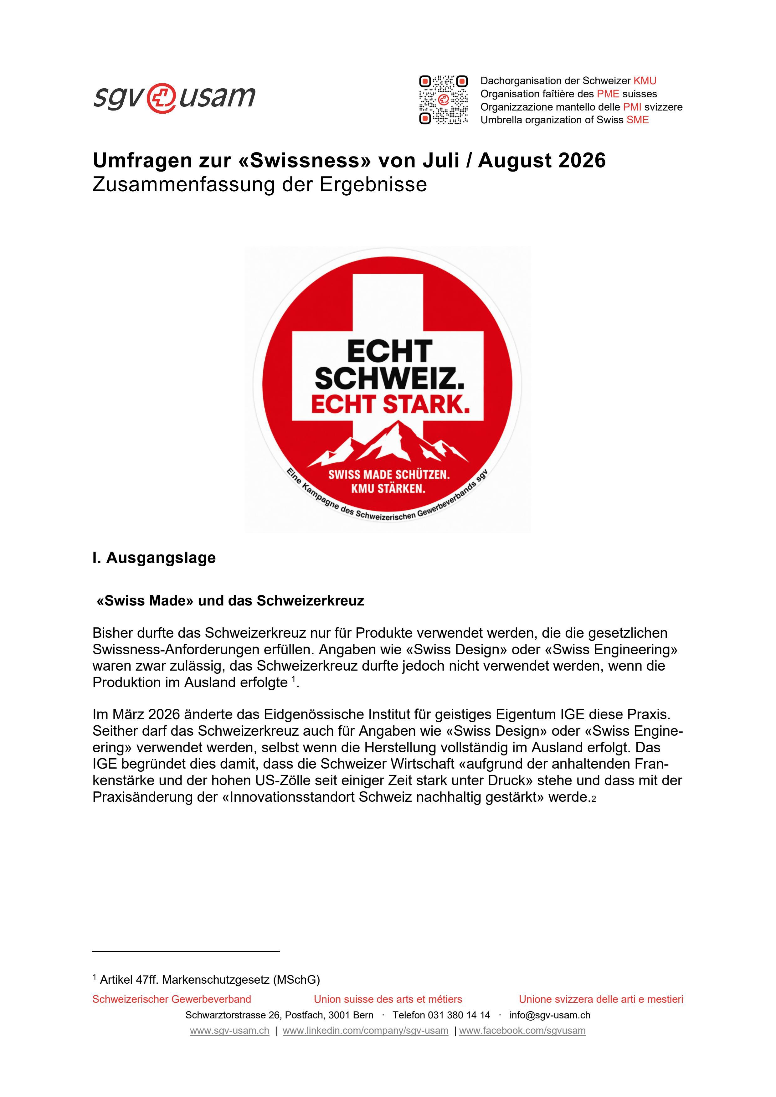Umfragen zur «Swissness» von Juli / August 2026 - Zusammenfassung der Ergebnisse