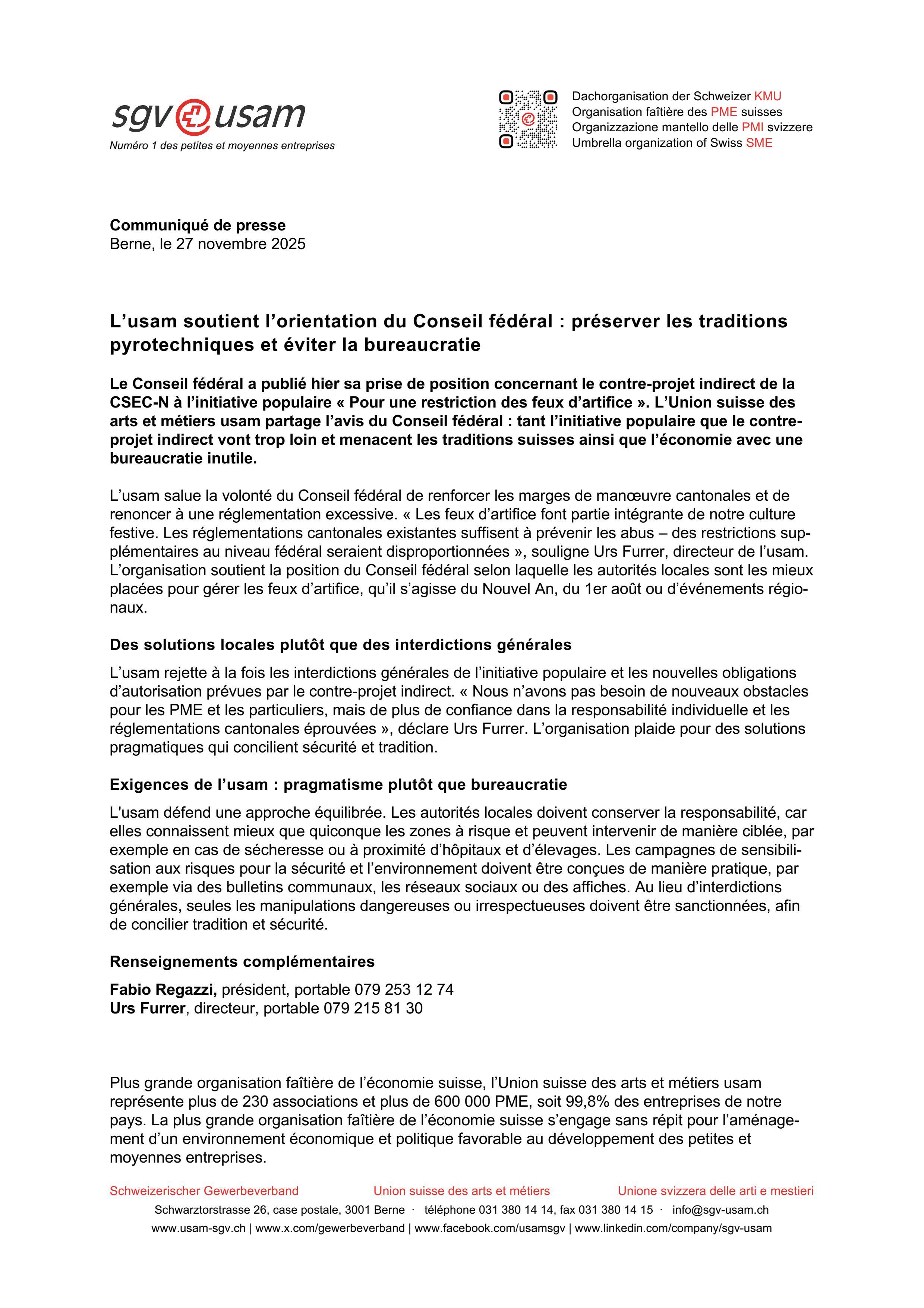 L’usam soutient l’orientation du Conseil fédéral : préserver les traditions pyrotechniques et éviter la bureaucratie