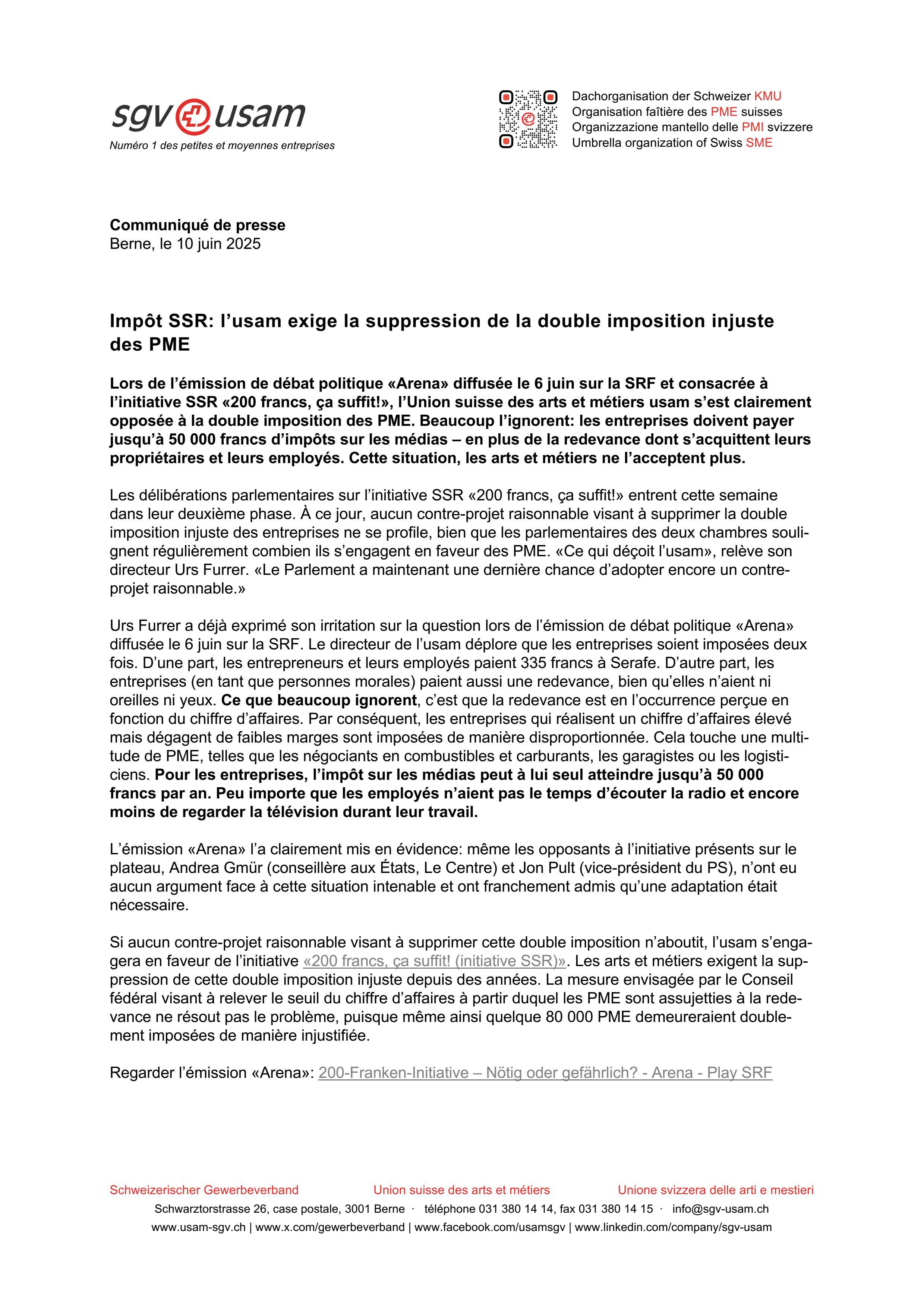 Impôt SSR: l’usam exige la suppression de la double imposition injuste des PME