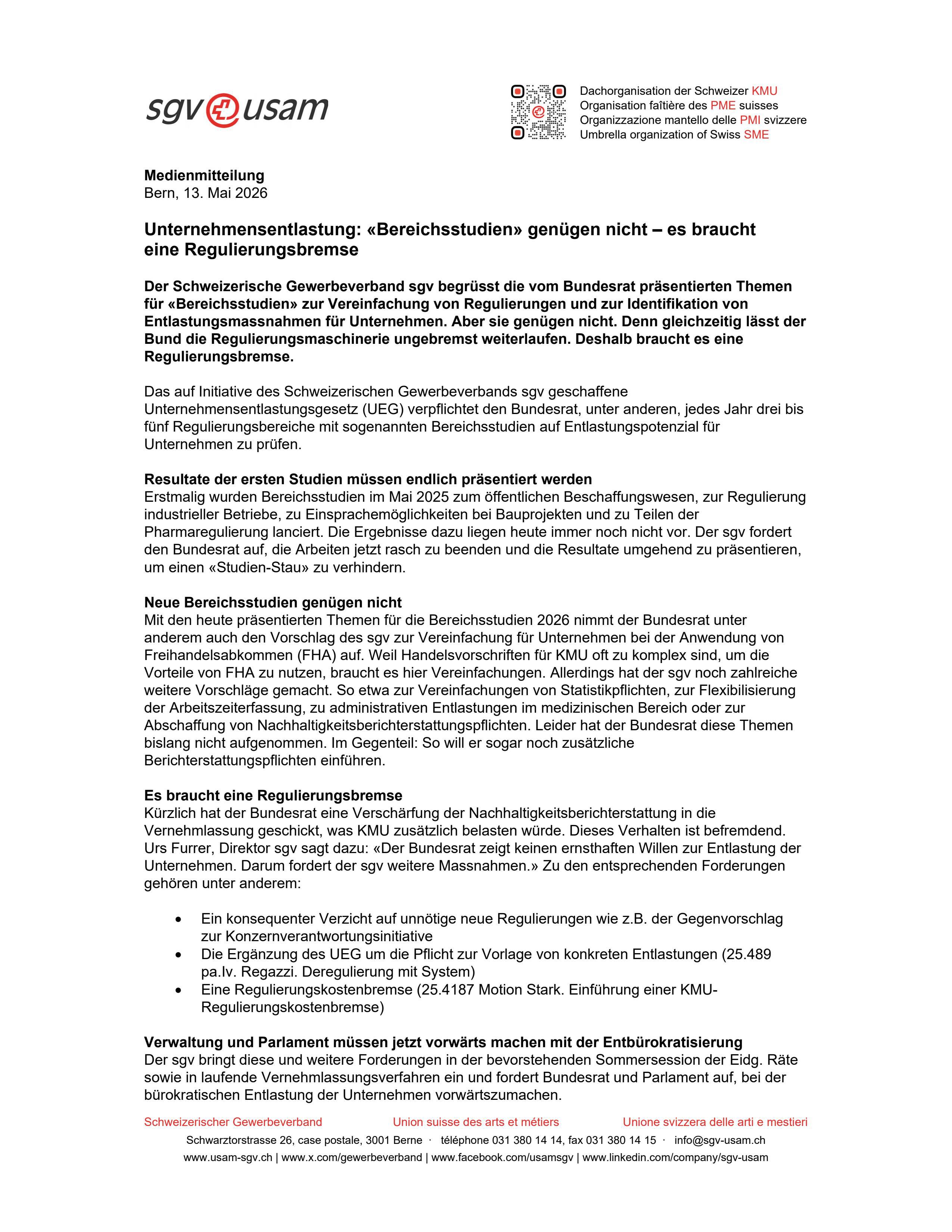 Unternehmensentlastung «Bereichsstudien» Genügen Nicht Es Braucht Eine Regulierungsbremse (2)